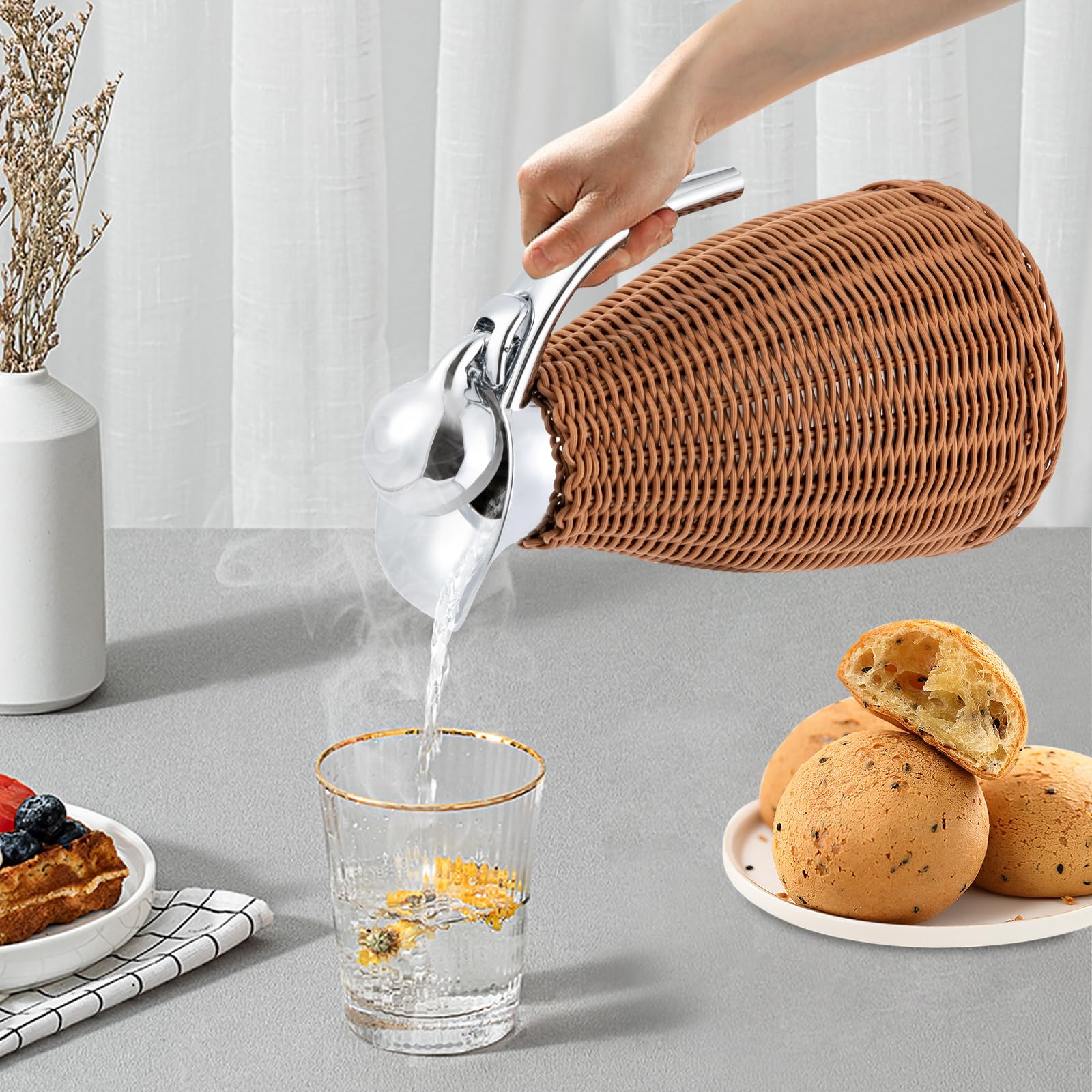 PROYONGOO 1.5L/50oz Stainless Steel Thermal Coffee Carafe Double Walled Vacuum Rattan Coffee Carafes for Keeping Hot, 24 Hour Heat/Cold for Water Tea Juice Hot Cocoa