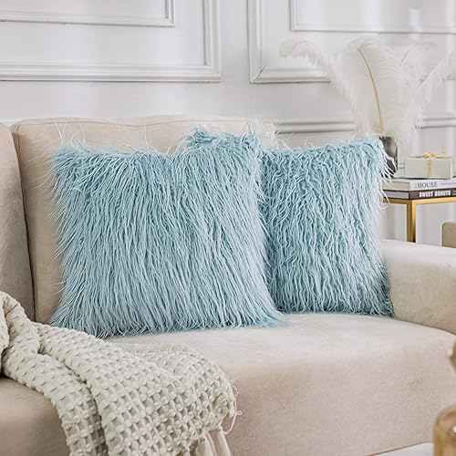 Kevin Textile Pack of 2 Faux Fur Pillow Covers Throw Pillows Cases, Luxury Series Plush Cushion Case Mongolian Style, Light Blue 20 x 20 inches 50 x 50 cm