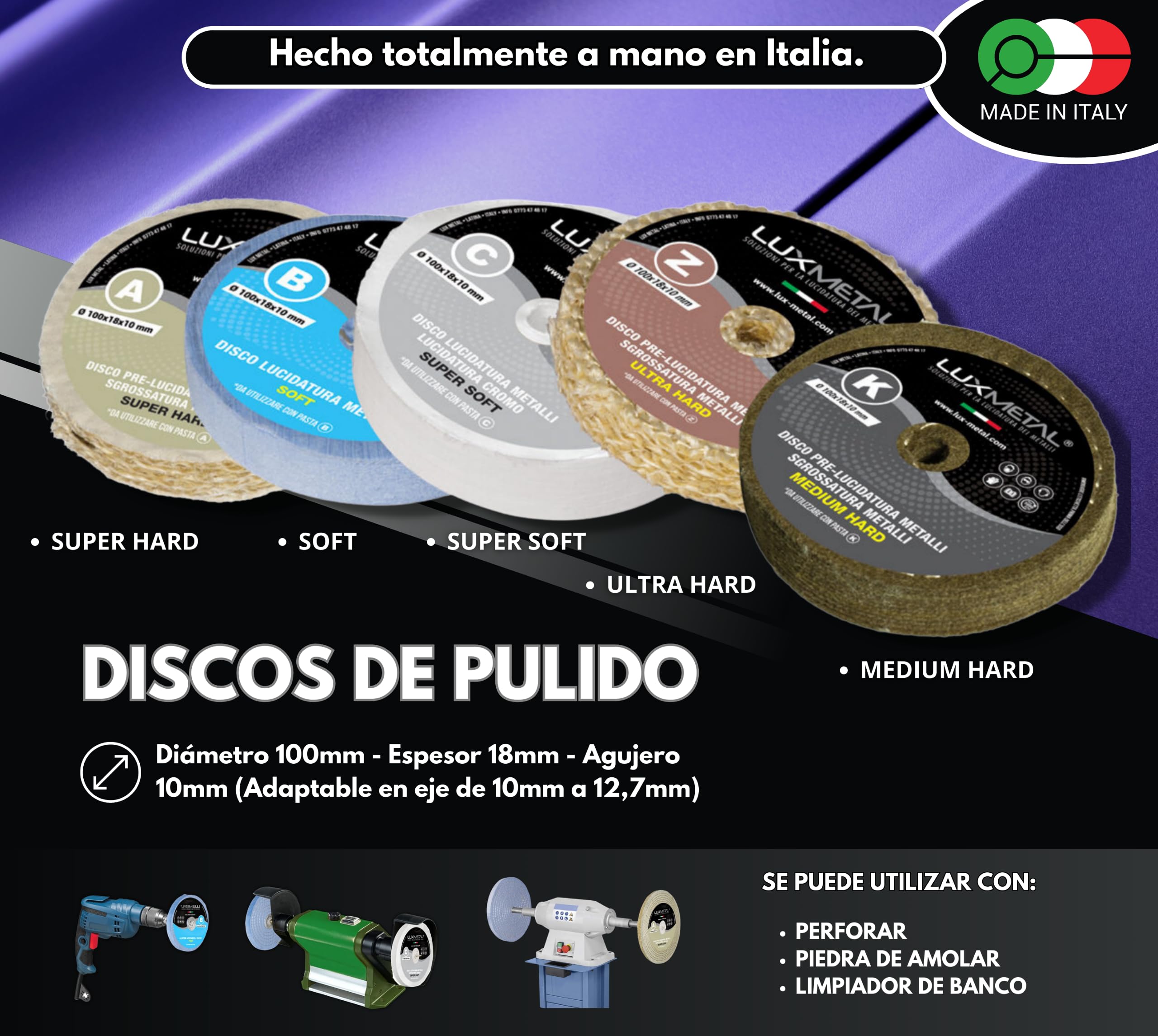 Lux Metal - Kit de Pulido 5 pastas de Pulido abrasivas 250 g 5 Discos de Pulido 100 mm en algodón muelas abrasivas para pulir Metales de Acero Inoxidable Pulido de Aluminio latón Cromo Fieltro Cobre