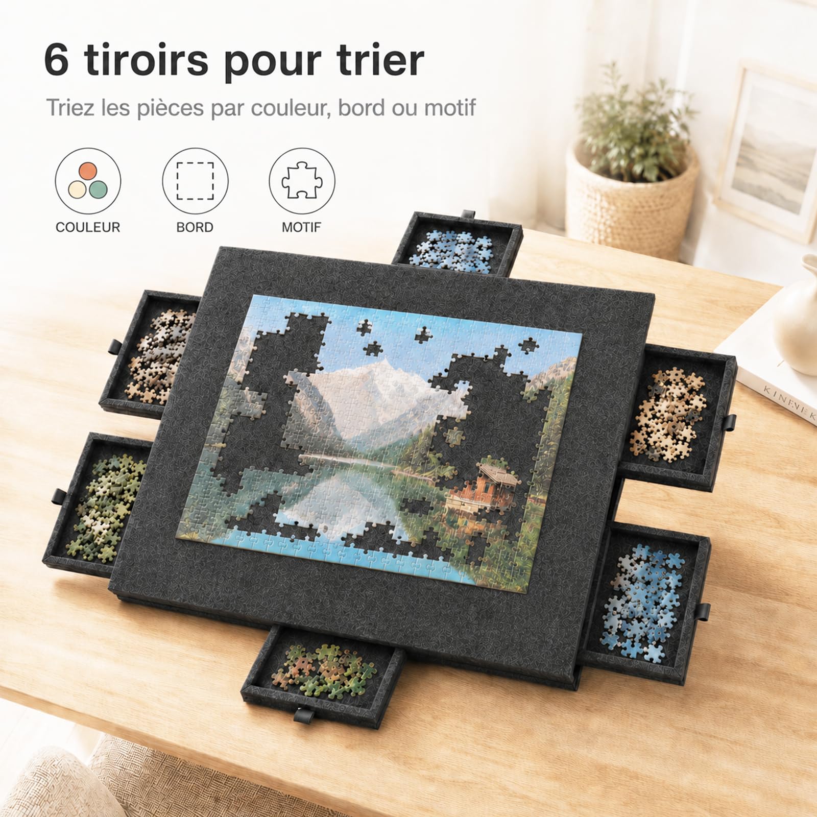 Planche à Puzzle en Feutre avec 6 tiroirs, Plateau à Puzzle inclinable avec Support 2 en 1 et Couvercle, Table de Puzzle Pliable pour Adultes, Portable, pour Puzzles jusqu'à 1000