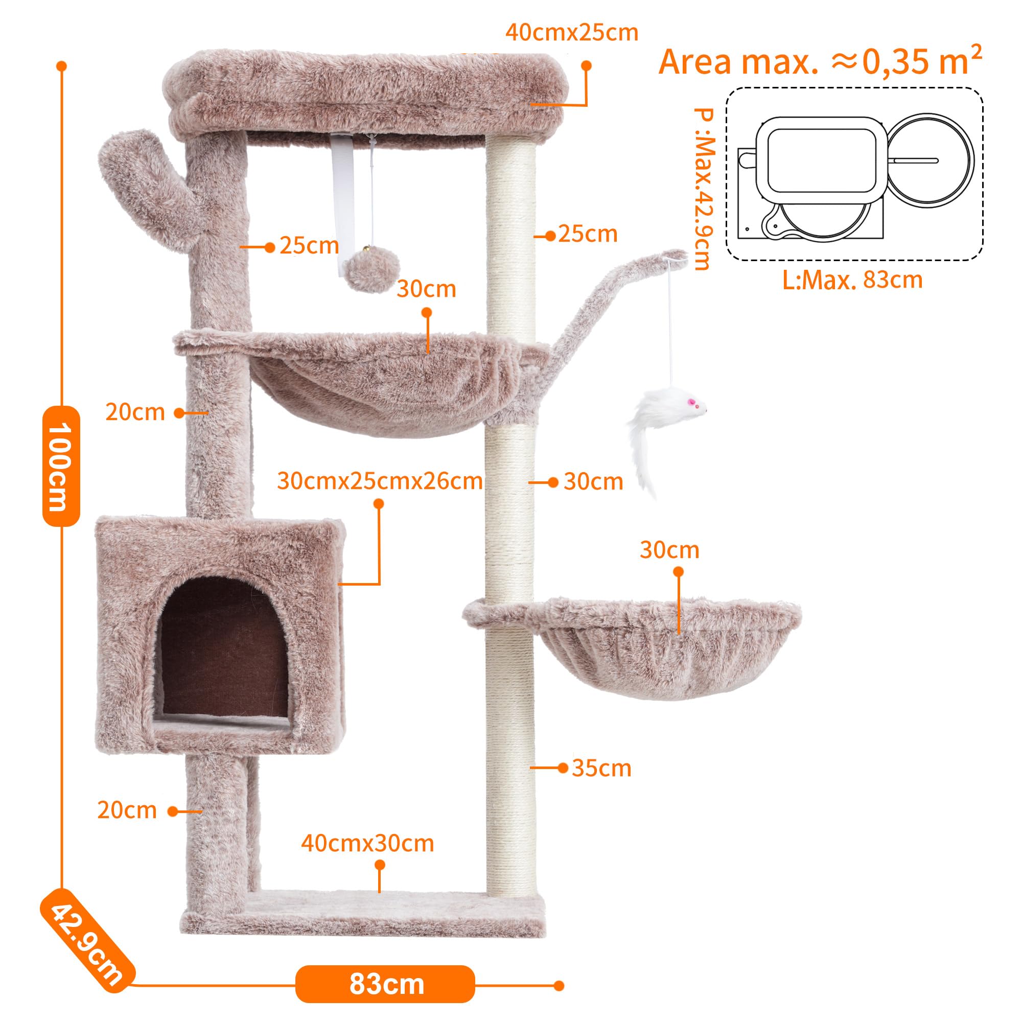 Heybly Albero Tiragraffi per Gatti, 100 cm Alto Con Grande Piattaforma In Cima, Grotta, 2 Amache, Giochi Per Gatti, Mobili Del Gatto, Tiragraffi Ad Alberi, Beige Marrone HCT006SMU