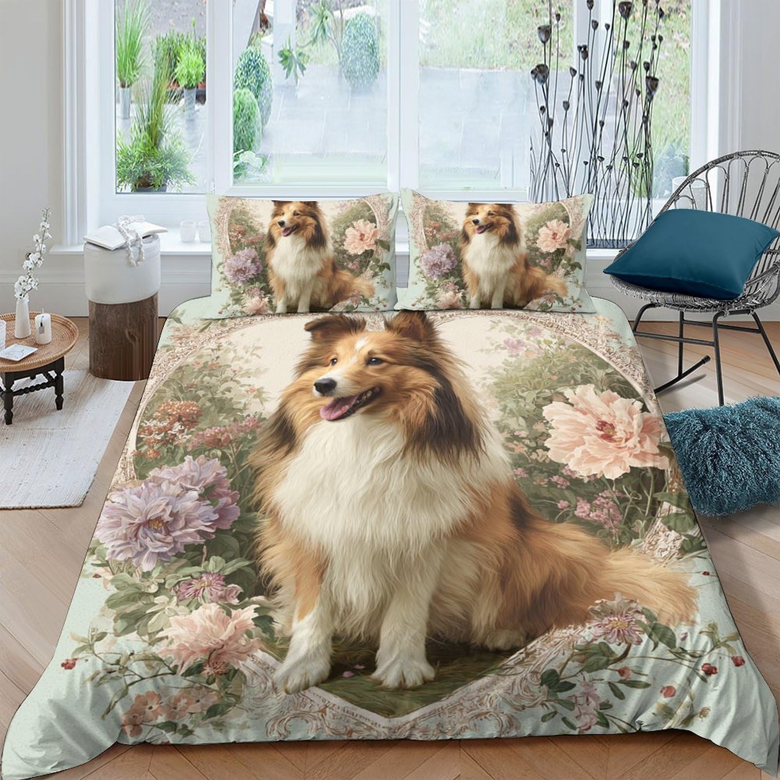 Ctjqhvkz Style-4 3D Printed Shetland Sheepdog Floral Fitted Sheet Microfiber Anti-Slip Pastel Flowers Bed Cover For Bedroom Guest Room Single（135X200cm）