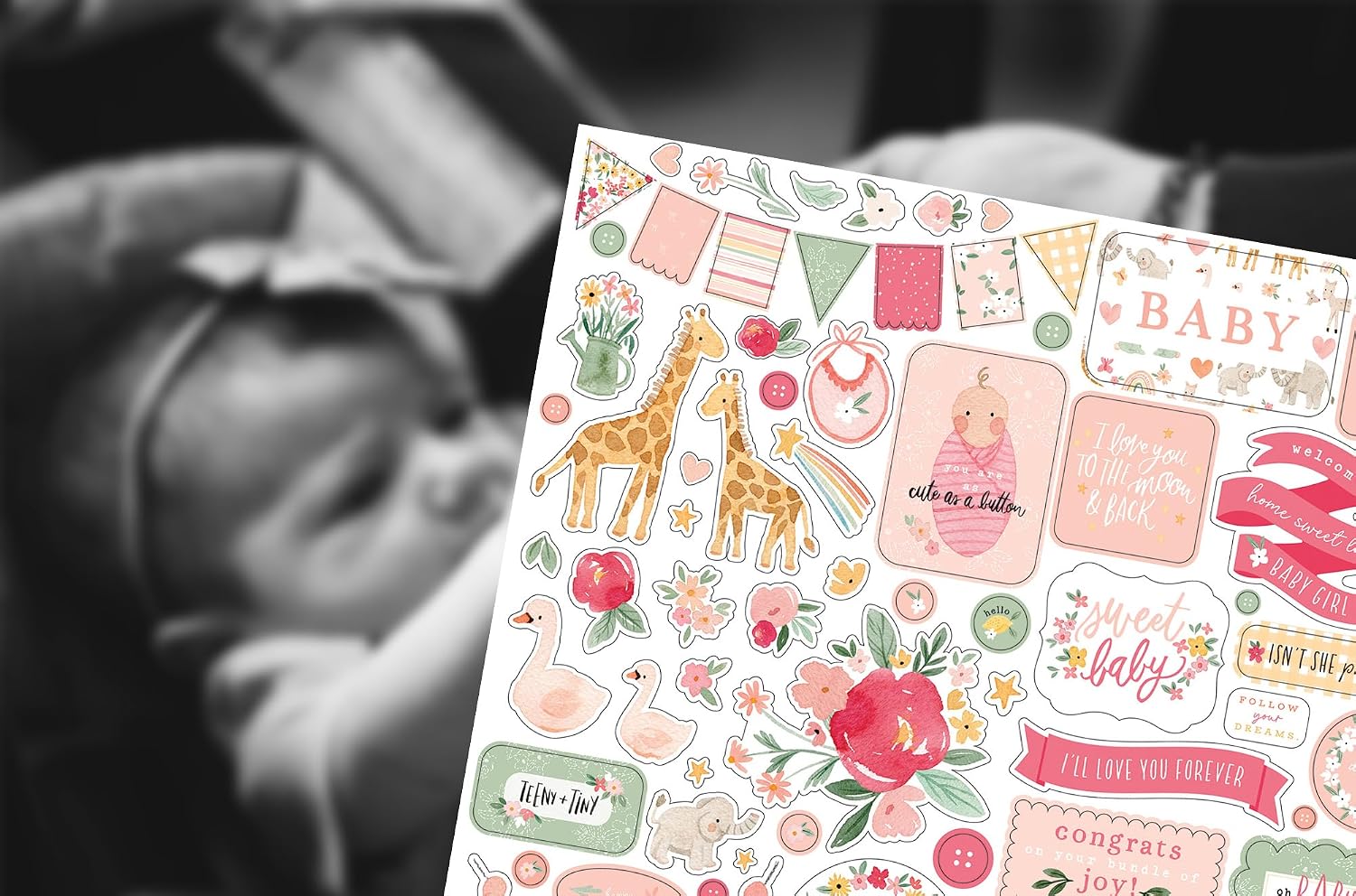 Baby Girl Scrapbook Stickers - Decorative Stickers for Scrapbooking, DIY Crafts, Photo Album, Journal - Pink Aesthetic Design with Flowers, Toys - 2 Items