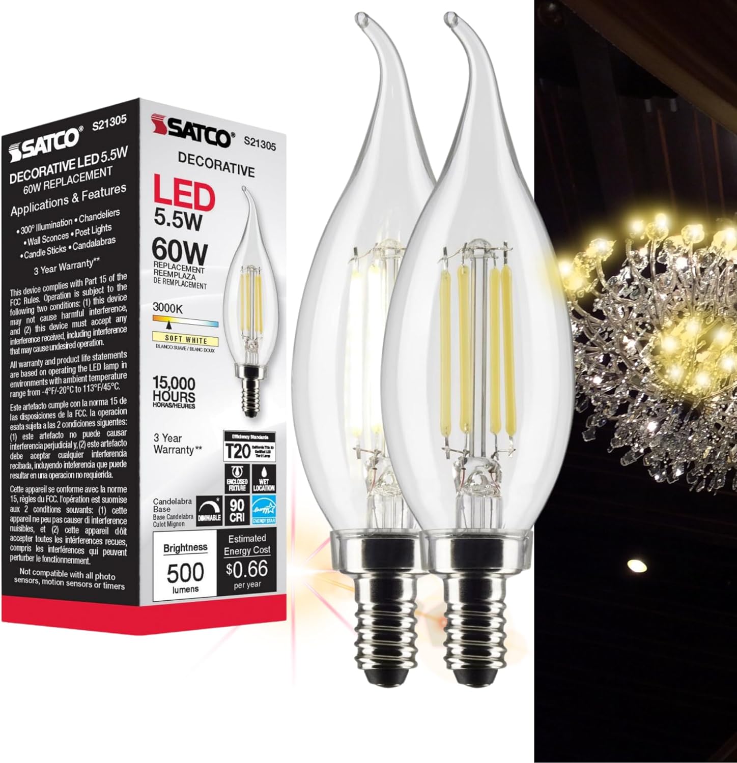 Satco S21305 - LED Candelabra Bulb 5.5W CA10 with Clear Finish, 90 CRI, 3000K Soft White, 120V E12, 2 Pack
