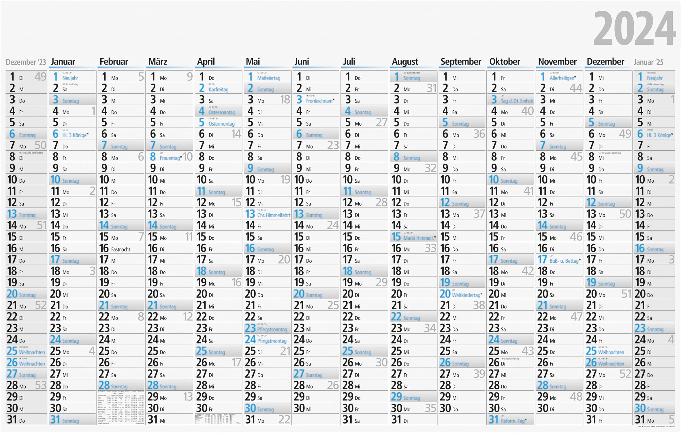 rido/idé Annual calendar 2024, 1 page = 14 months, 121 x 77 cm, white