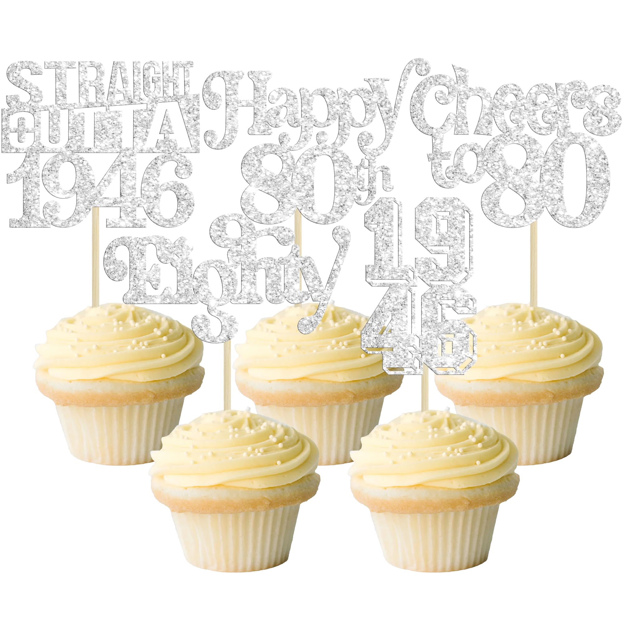 Gyufise 30Pcs Straight Outta 1946 Cupcake Toppers Glitter Eighty Happy 80th Birthday 80 Fabulous Cupcake Picks Decorations for 80th Birthday Anniversary Party Supplies Silver