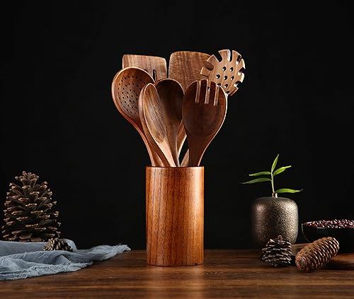 Miniatura 2 de Utensilios de cocina de madera, 8 cucharas de madera de teca natural, espátulas y barril de almacenamiento de madera para sartén antiadherente
