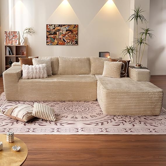 ovios 104" Cloud Sectional Couch with L-Shape Chaise,Modern Modular Sofa with Deep Seat, Upholstered Couches for Living Room Bedroom,No Assembly Required, Beige (Plush Corduroy Fabric)
