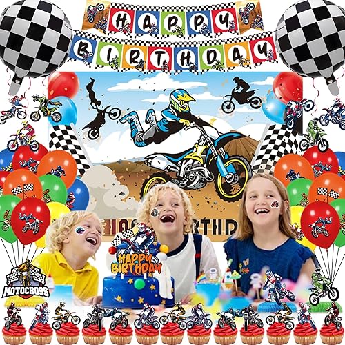 Miniatura 4 de 112 piezas de decoraciones de fiesta de motocross, suministros de fiesta de cumpleaños de motocross, incluye pancarta, decoración de pasteles,