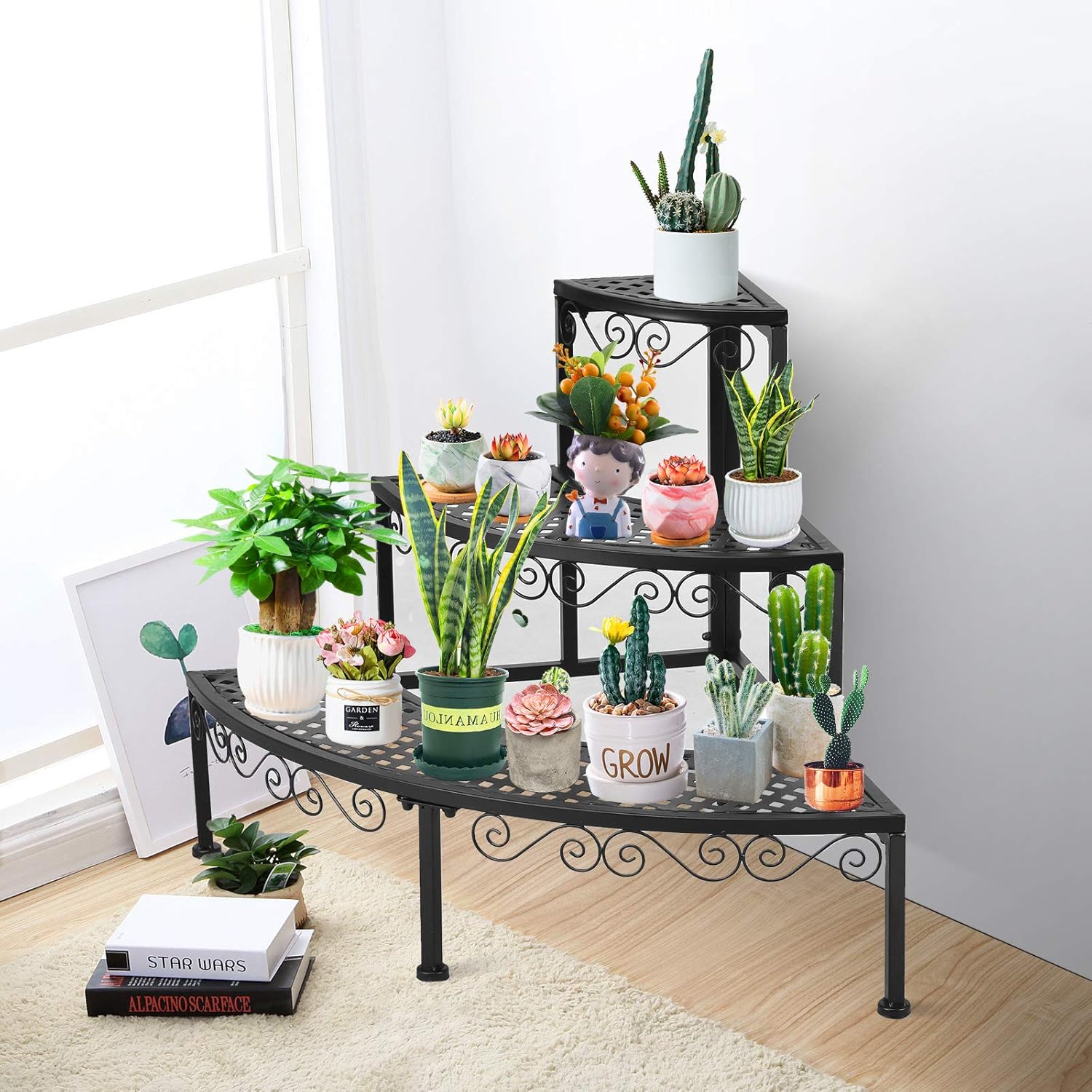 Giantex Corner Plant Stand Flower Pot Organizer Rack, 3 Tier Quarter Round Plant Display Holder Storage Shelves, Metal Corner Shelf Planter Shelving Ladder Plant Stand for Indoor Outdoor Use