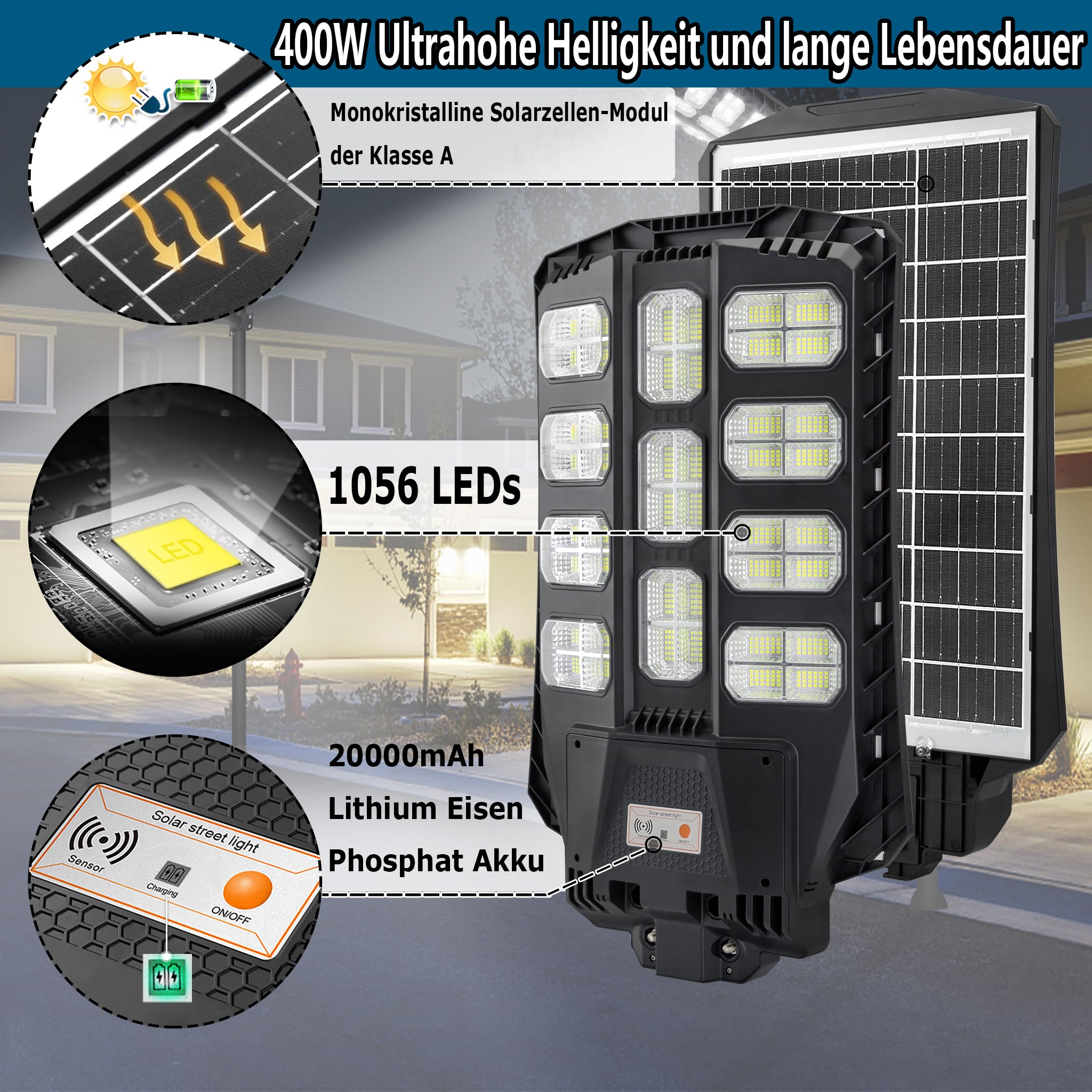 YRHome 400W Solar Straßenlampe Straßenlaterne Wegeleuchte Solarlampen für Außen mit Motion Sensor & Lichtsteuerung IP65,15000 Wasserdicht 8500K 1056 LED mit Fernbedienung für Garten Veranda Park