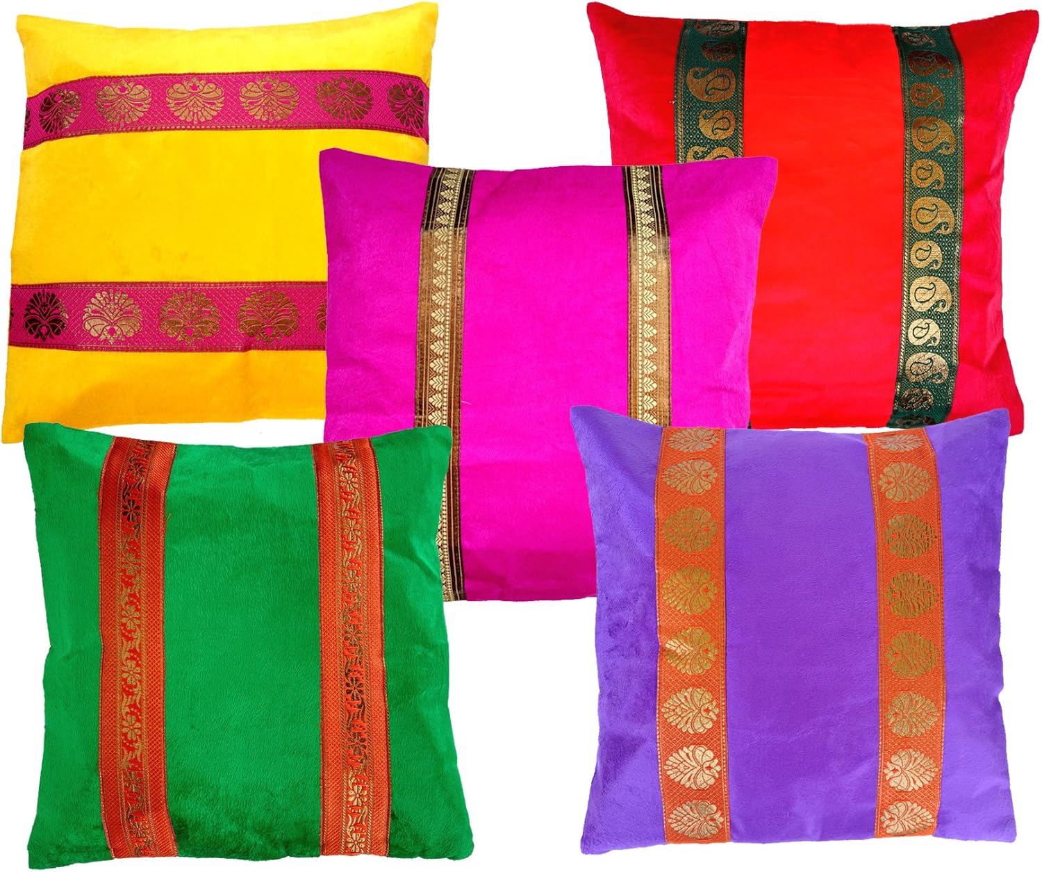 Rastogi Handicrafts Home Bed Cushion Cover Sofa Velvet Throw Pillow Zari Brocade Pretty Accent 16" Multi Colored Set of 5