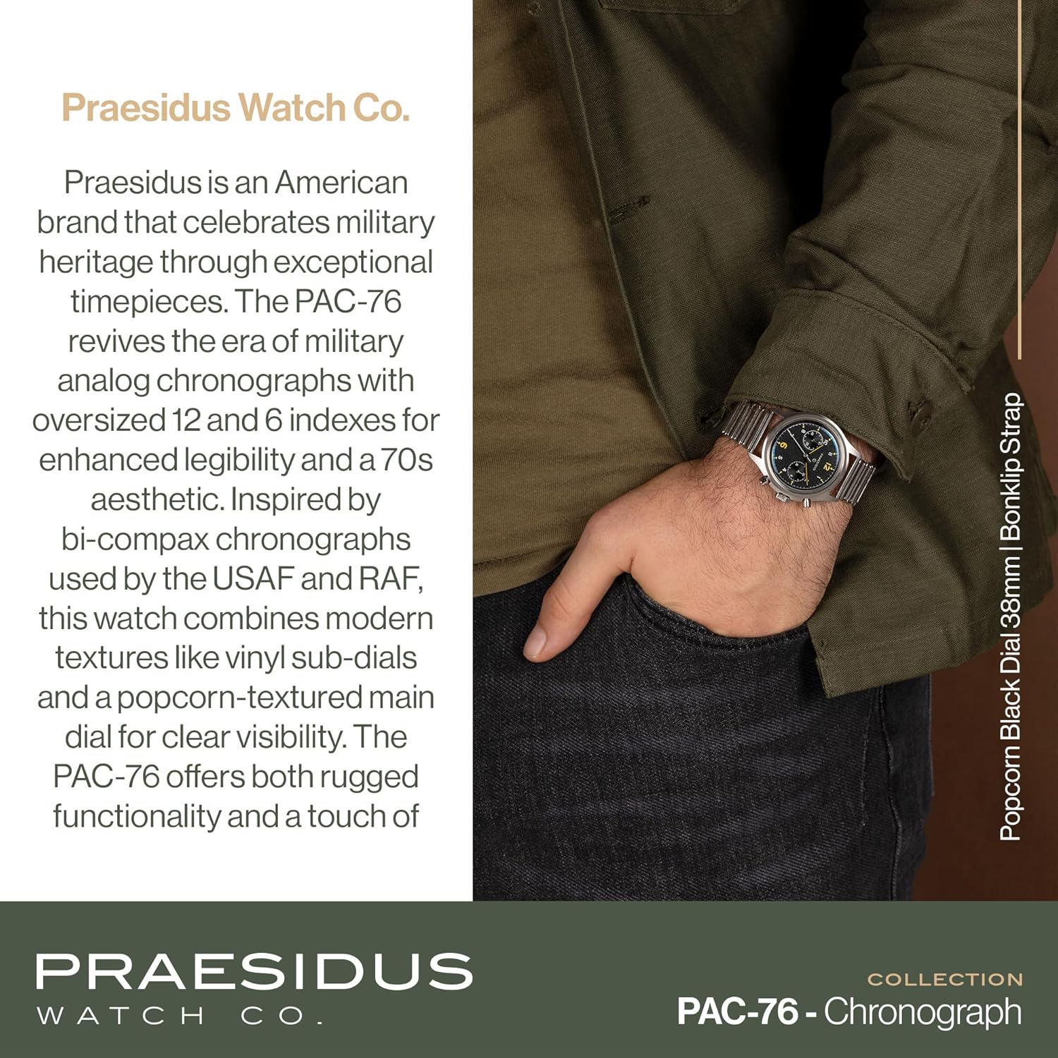 PRAESIDUS | Pilot Asymmetrical Chrono-76 - Chronograph Watch, Men's Wrist Watches - Pilot, Military - Case 38mm, Assembled in The USA | Mechanical, Gifts for Men