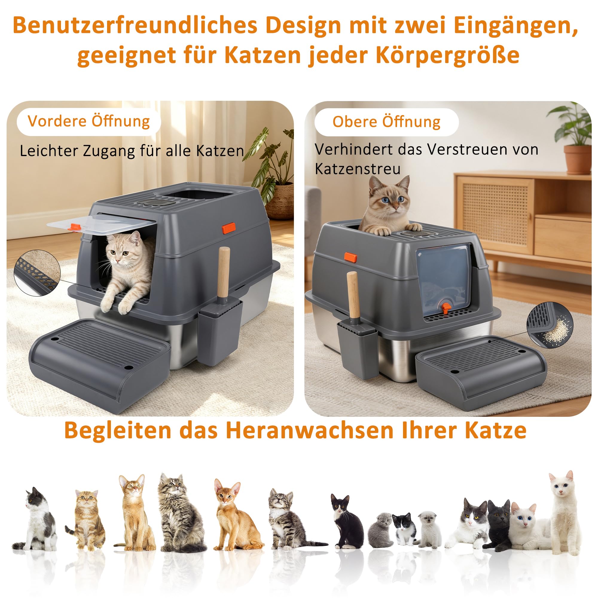 Edelstahl Katzenklo mit Deckel, Geschlossene Katzentoilette XXL