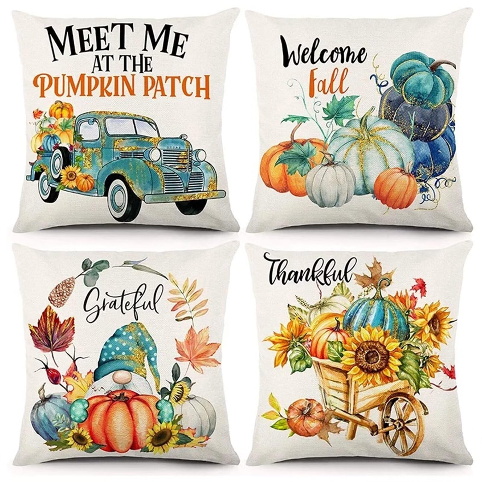 Juego de 4 Impermeable Funda de Cojín Calabaza carroza,65x65cm Moderno Suave Transpirables Lino Fundas de Almohada Cojines Decorativos con Cremallera Oculta para Exterior Sofá Cama Coche Hogar
