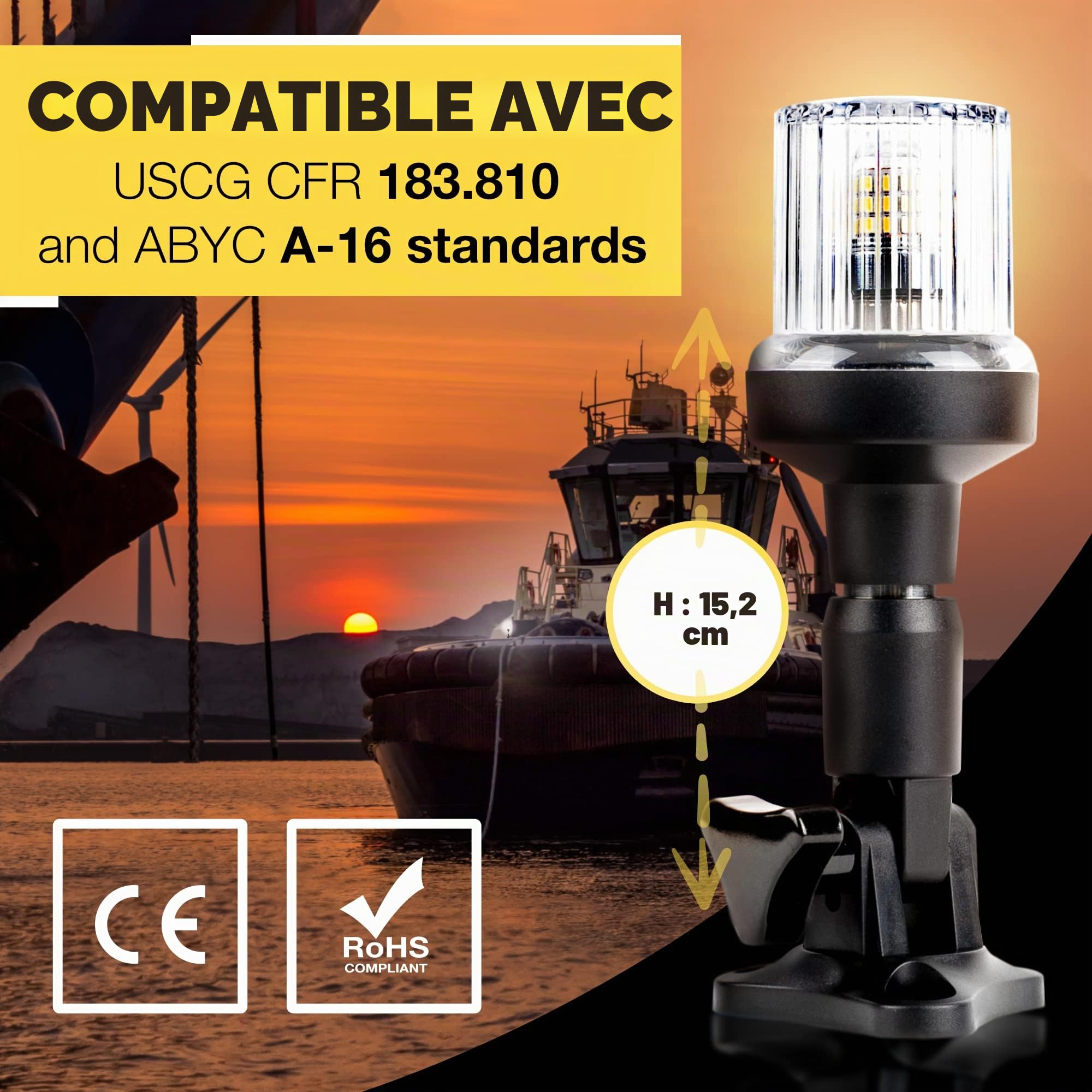 Everbeam Le feu d'ancre ajustable P600 en acier inoxydable pour bateaux de pêche et navires marins - donne une visibilité de 360 degrés pour 3 milles nautiques — résistant aux intempéries, 36 pc LED