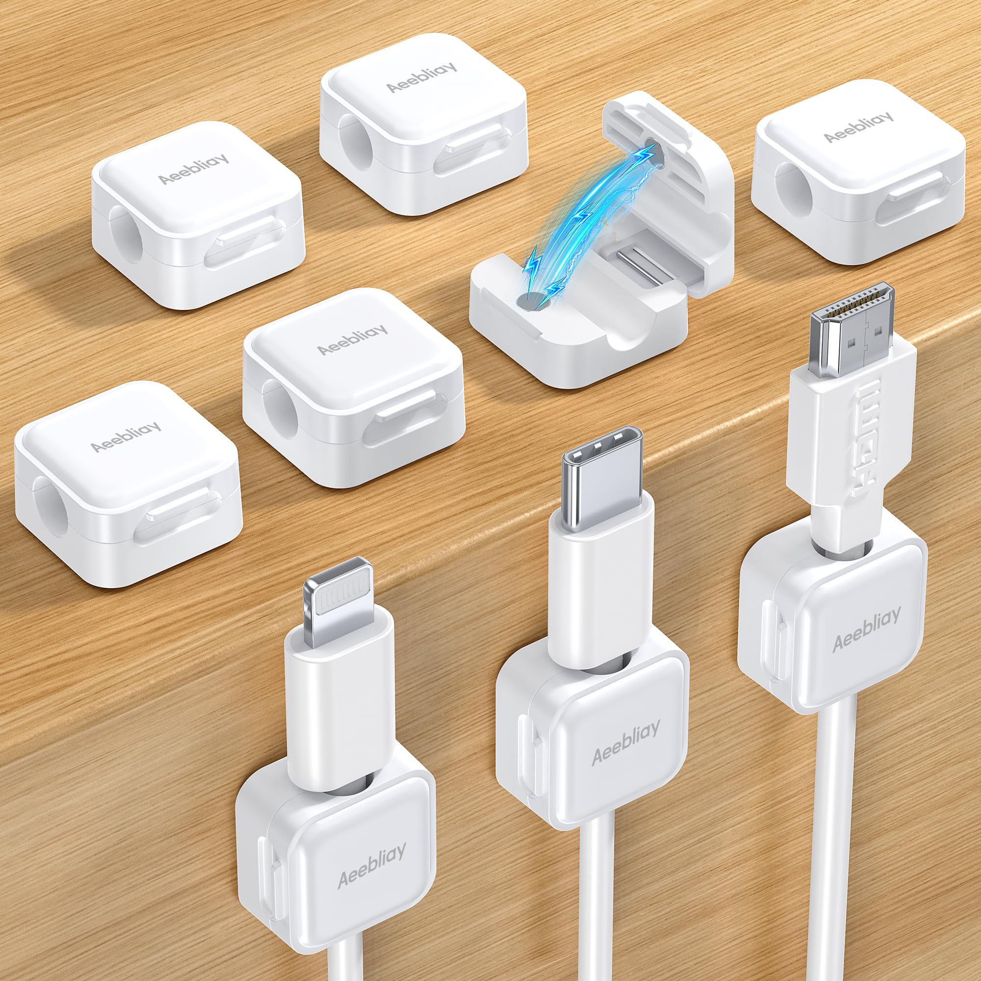 9 Pack Magnetic Cable Clips Cord Holder, Aeebliay Desk Cable Management Accessories, Adhesive USB Wire Holder Keeper Organizer for Home Office Desk Phone Car Wall Desktop Nightstand - White