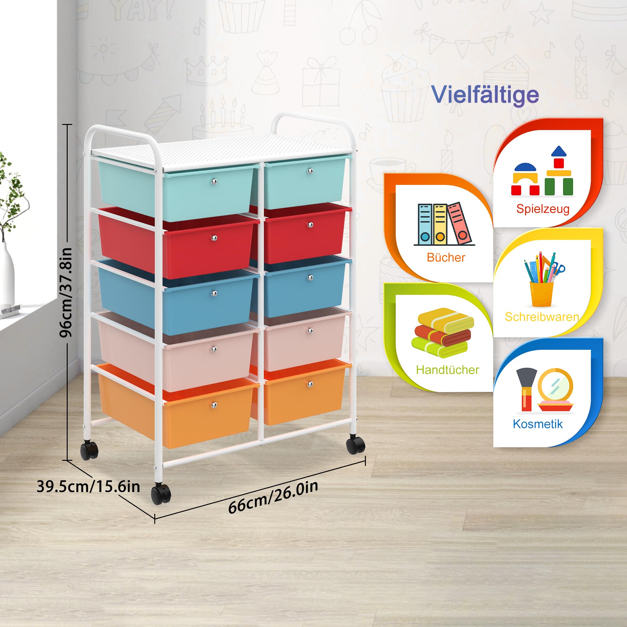 YRHome Chariot de salle de bain avec 10 tiroirs empilables - Chariot de cuisine - Chariot de rangement avec freins et roulettes - Chariot de rangement pour cuisine, salle de bain, bureau - 96 x 39,5 x