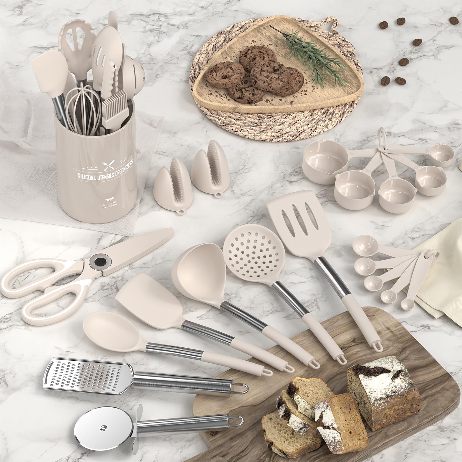 AIKKIL Set di utensili da cucina in silicone resistente al calore, spatole con supporto, set di 30 utensili da cucina kaki per pentole antiaderenti (senza BPA)