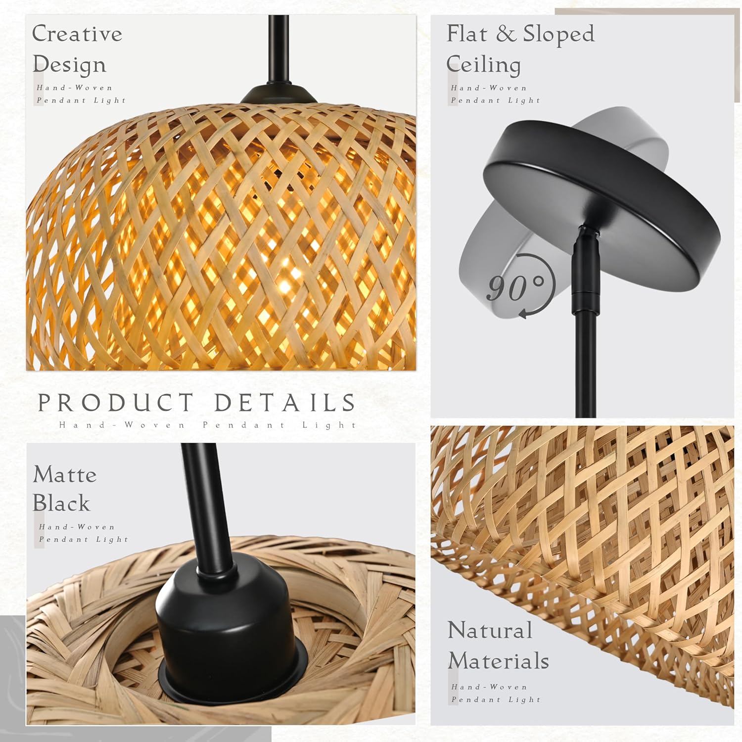 12" Bamboo Pendants Light Wicker Pendant Lights Boho Chandelier Adjustable Rustic Basket Rattan Pendant Wicker Light Fixture Woven Pendants for Kitchen Island Dining Room (Bulb Incl.)