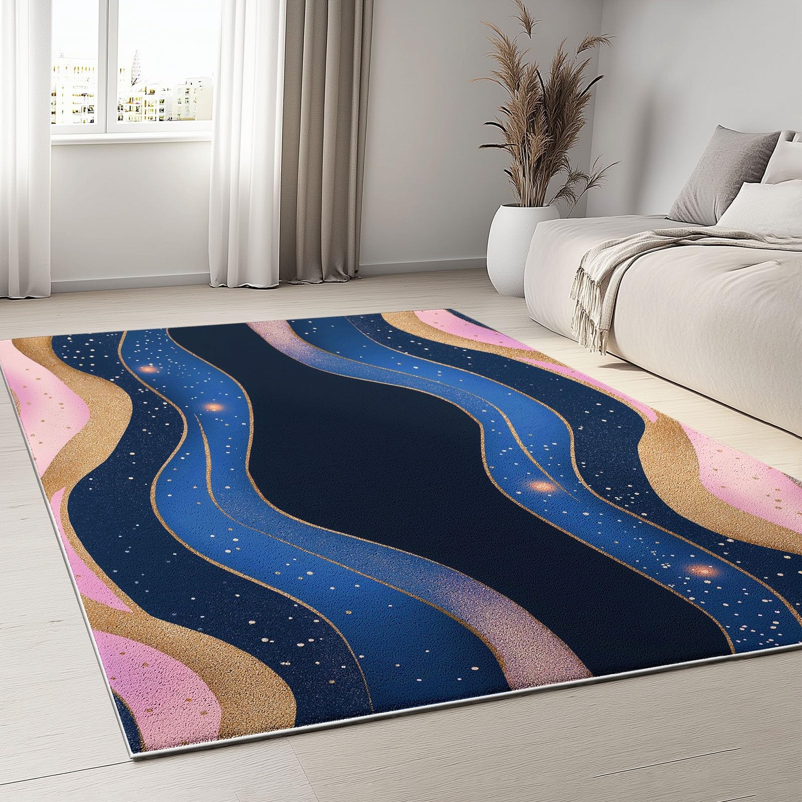 Générique Tapis Salon Forme Ondulée Abstraite 140 x 200 cm Tapis Chambre Impression 3D Moderne, Bleu Foncé Moquette Antidérapant Lavable Machine, pour Salon Salle à Manger Bureau