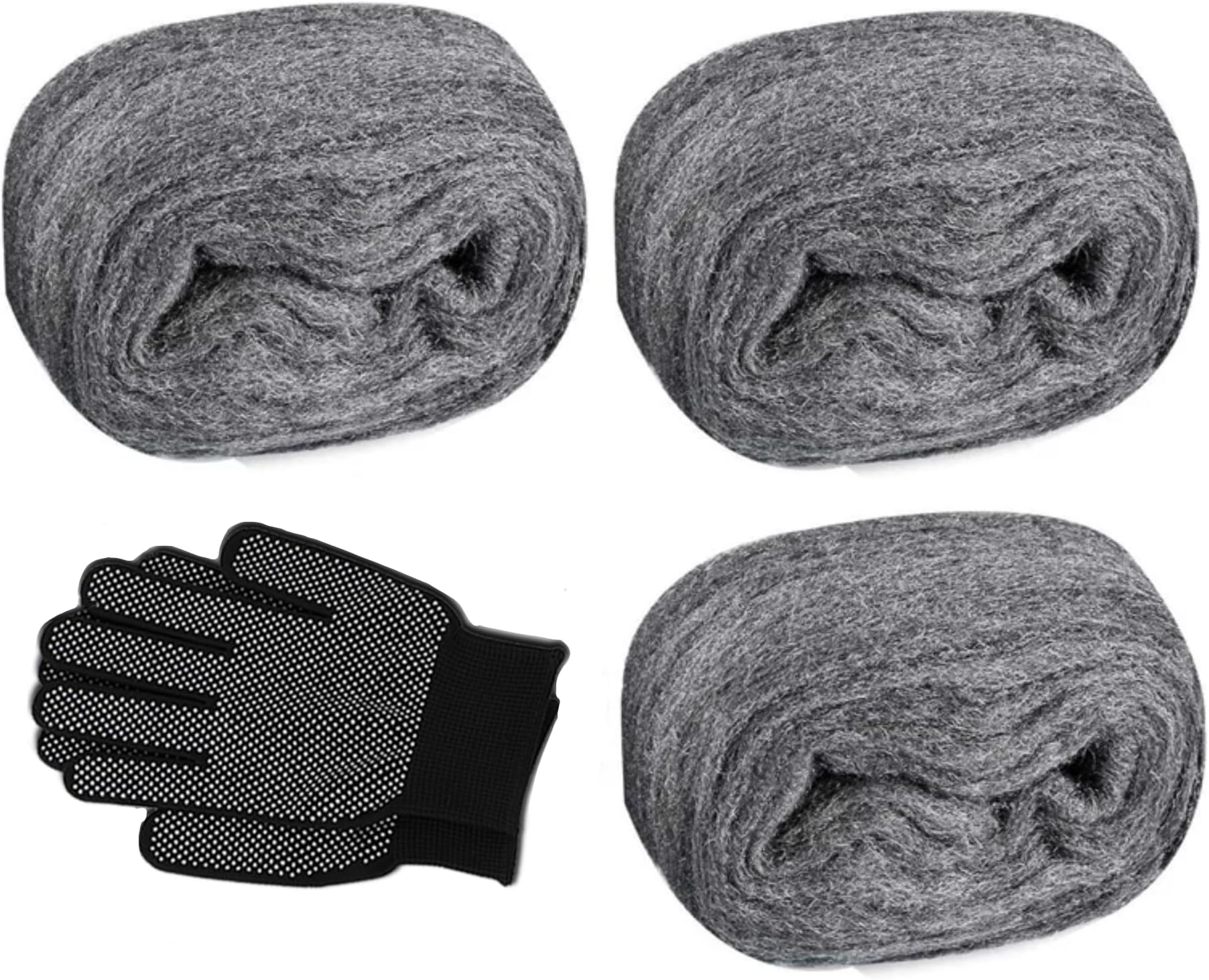 3Pack Stainless Steel Wool,2.5""x16.5FT Steel Wool Fill Fabric Roll,Gap Blocker Coarse Wire Hardware Cloth DIY Kit for Holes, Wall, Garden, Kitchen, Pipeline in Garage,Complimentary Gloves