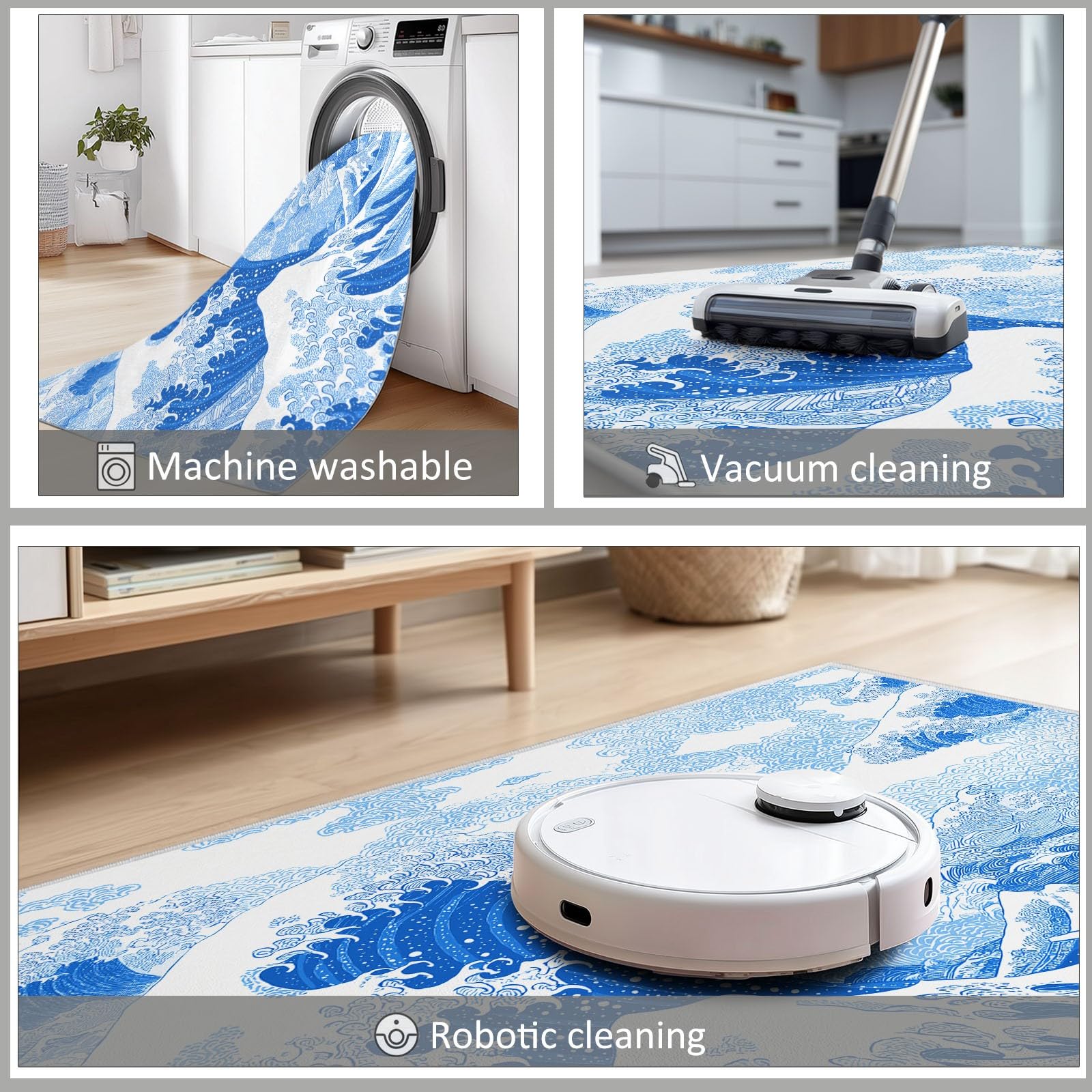 Tapis Poils Courts Moderne Vagues Bleues De L'Océan 80x150cm Tapis Salon Lavables Antidérapant Doux, Effet Impression 3D, pour Chambre Cuisine Salle à Manger Bureau
