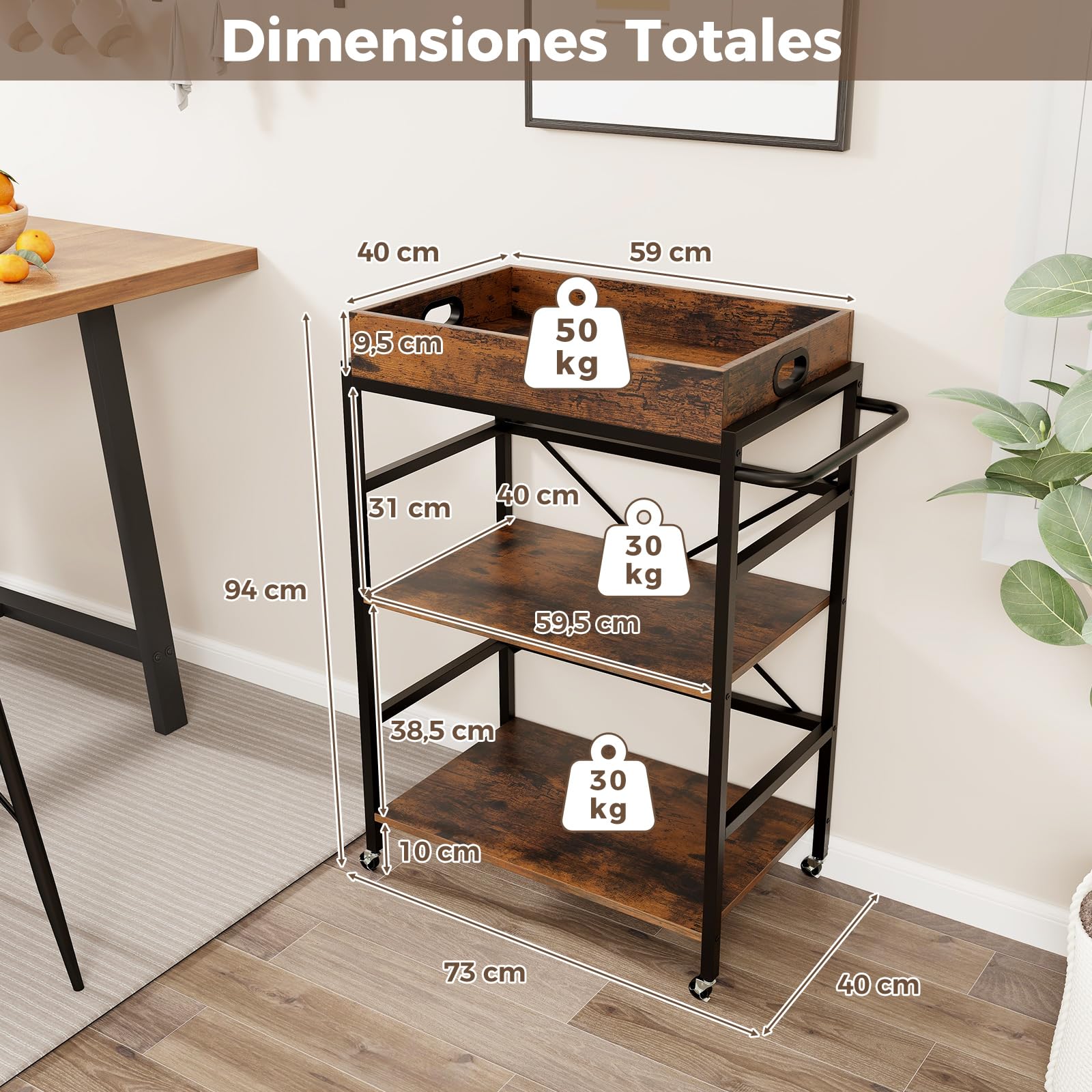 COSTWAY Carrito de Servicio de 3 Niveles, Carrito Móvil Industrial con Bandeja Desmontable, 4 Ruedas Bloqueables y 1 Asa Práctica, Barandillas Protectoras, Carrito Cocina para Bares, Restaurantes