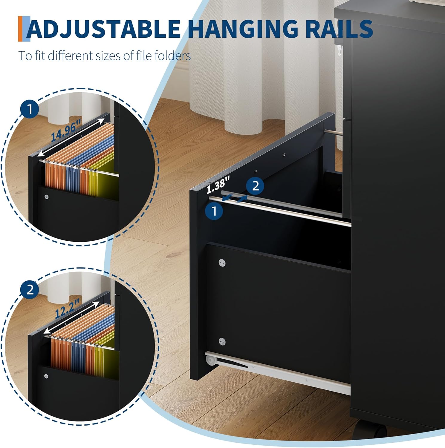 GarveeHome 3-Drawer File Cabinet with Lock, Mobile Under Desk Filing Cabinet for Home Office, Wood Storage Organizer for Letter/a4/Legal Size Documents, Black