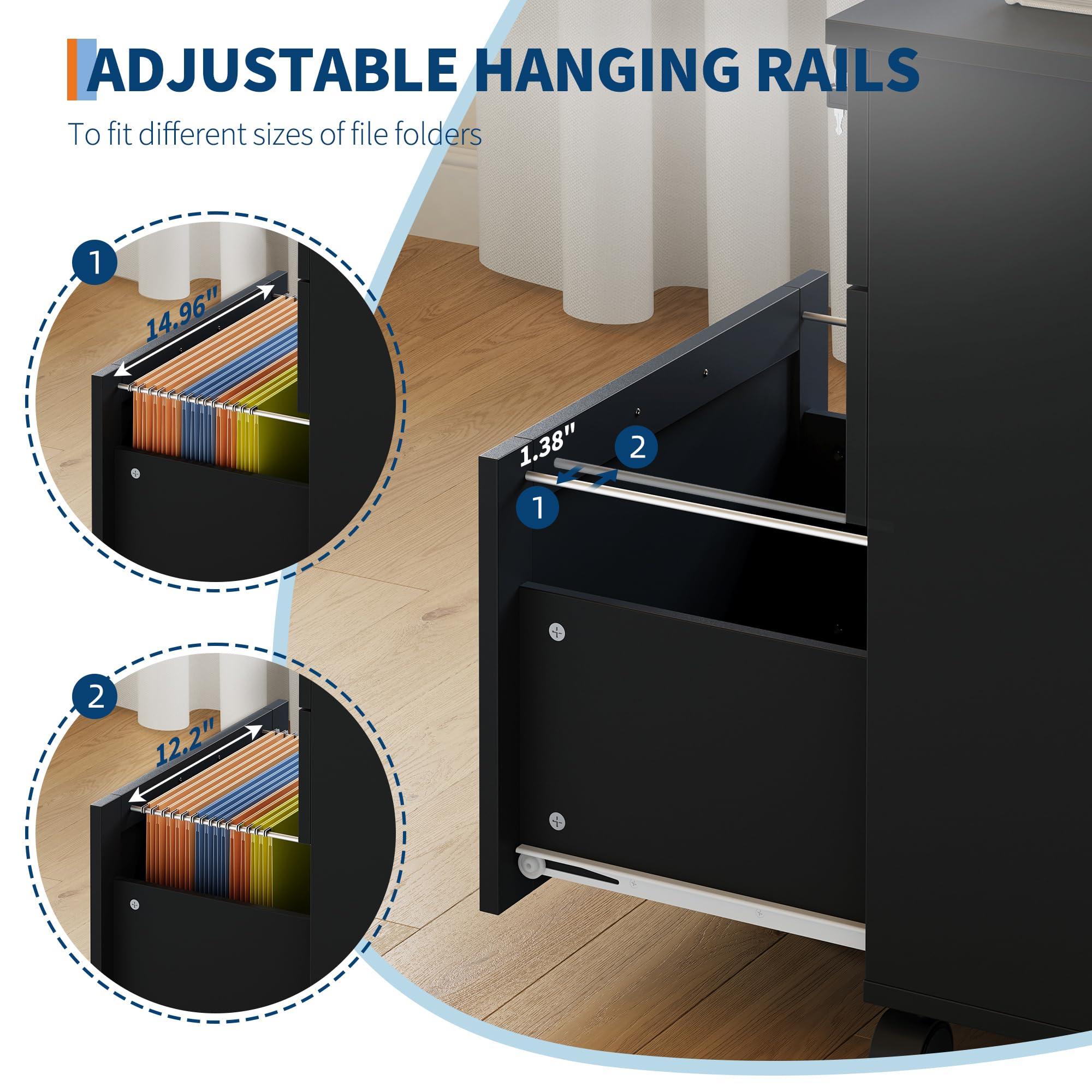 Archivador móvil con cerradura para oficina - 3 cajones robustos - Gabinete bajo escritorio con ruedas 360° - Para documentos carta/legal/A4 - Almacenamiento resistente y diseño profesional - negro