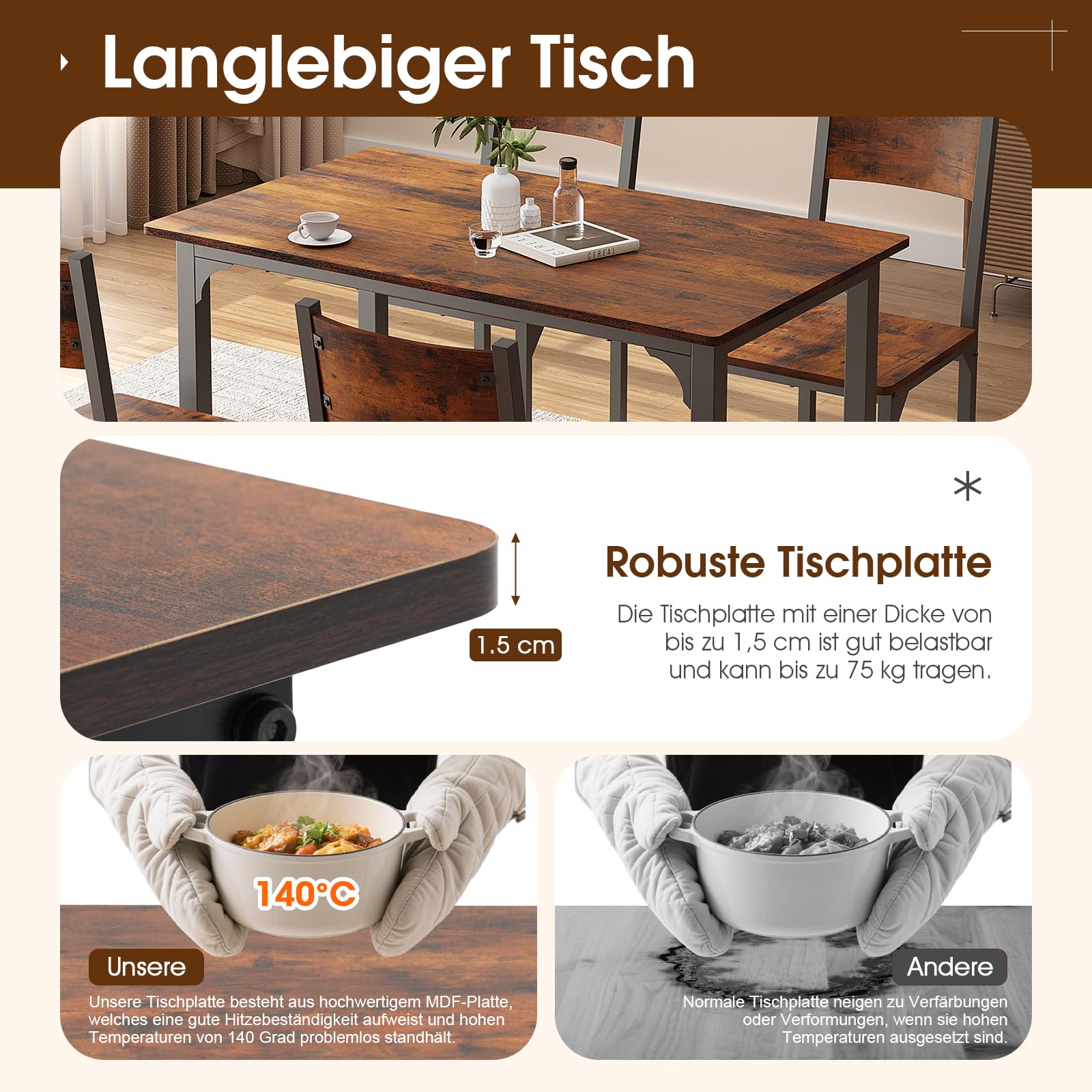 OC Orange-Casual 5-teilig Esszimmertisch Set, Esszgruppe für 4 Personen, Esstisch mit 4 Stühle aus MDF& Metall, Esszimmergruppe im Industrial-Look für Esszimmer, Küche, Vintagebraun (2 Packet)