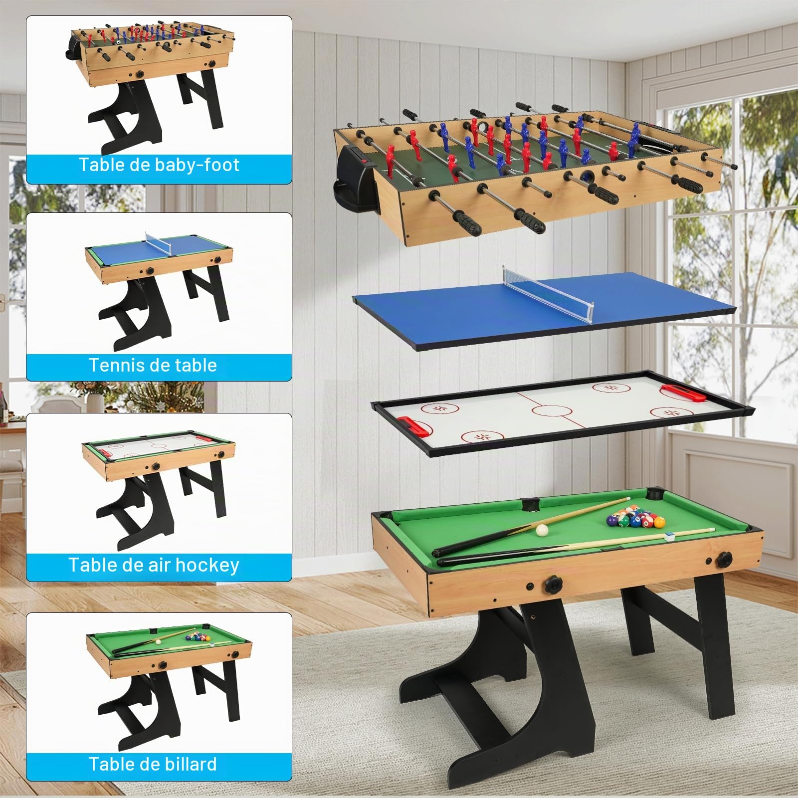 4FT Multifonction 10 en 1, Table combinée Baby-foot, Billard, Ping-pong, Hockey avec accessoires, Pieds pliables verticaux