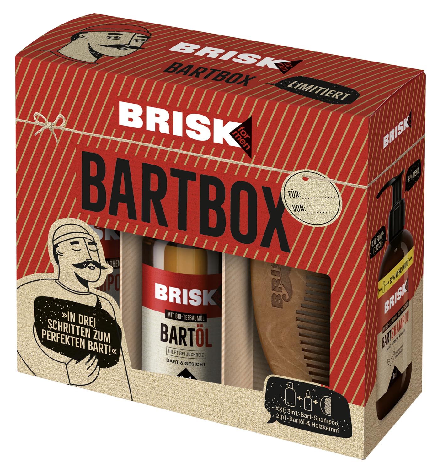 BRISK Bart GESCHENKBOX (limited edition) - Set bestehend aus: 1x 2in1 Bart-Öl 30 ml + 1x 3in1 Bart-Shampoo 200 ml + 1x stylischer Holzkamm, 230 ml