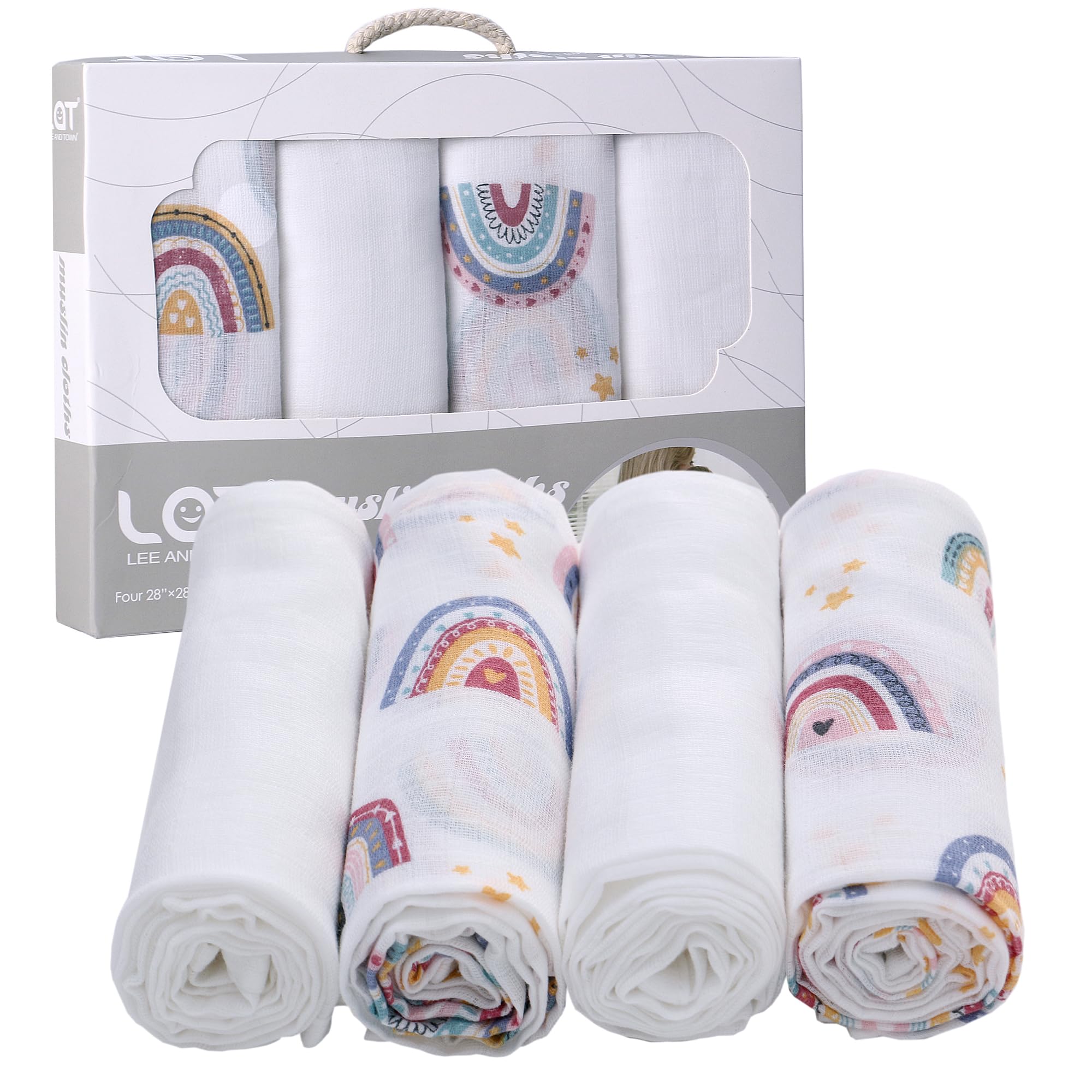 LAT Muslin Cloths for Baby 4 Pack 70 * 70cm Baby Muslin Squares Burp Cloths for Newborns 100% Cotton Soft and Breathable Washcloths Muslin Swaddle Blanket for Newborns (Stars+White) - Image 2