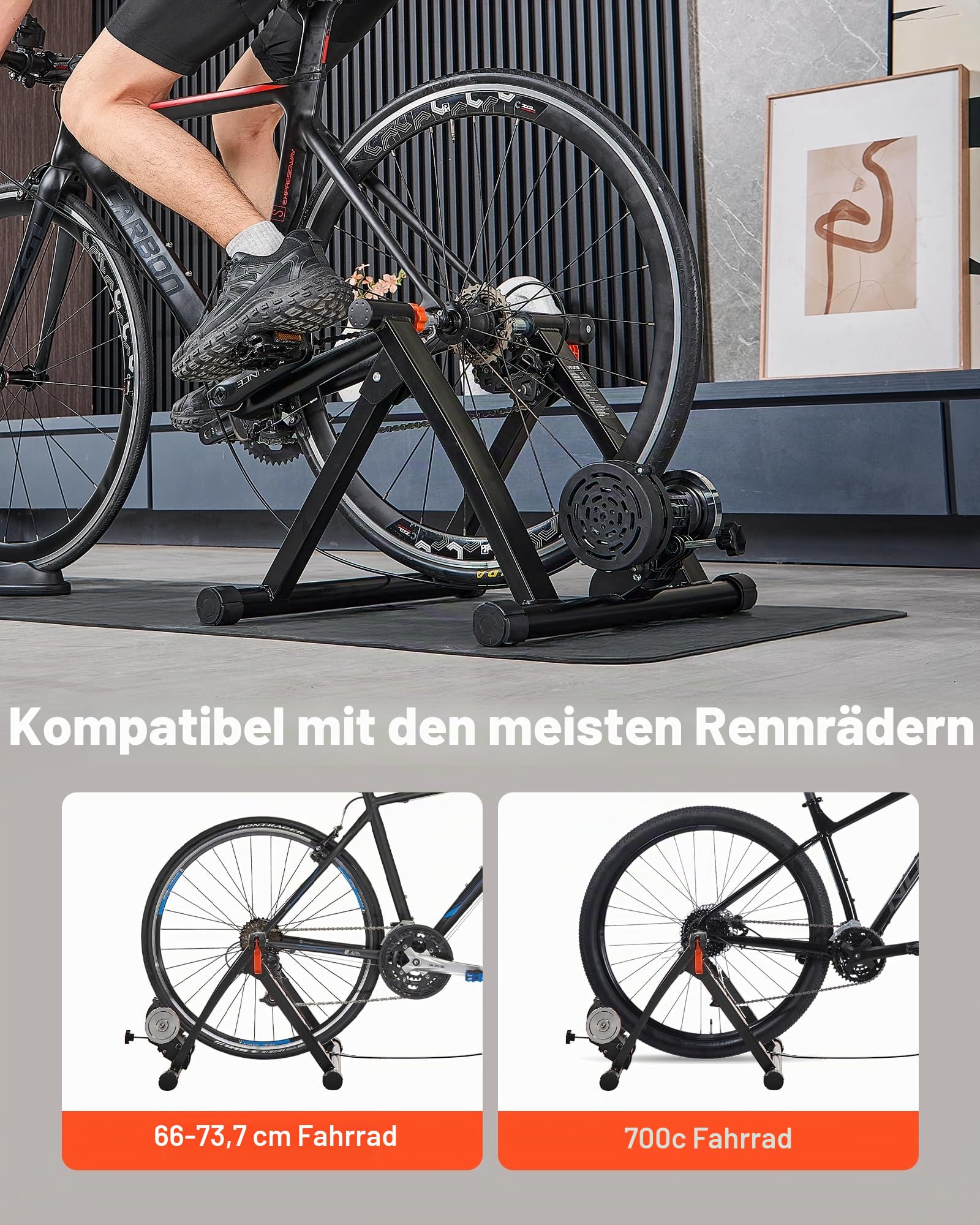 VEVOR Fahrrad Rollentrainer Fahrradtrainer für 660,4-736,6 mm / 700C-Räder, 6-stufiger Widerstand, Faltbarer magnetischer Radtrainer Heimtrainer mit Schnellspanner & Vorderradunterlage Schwarz