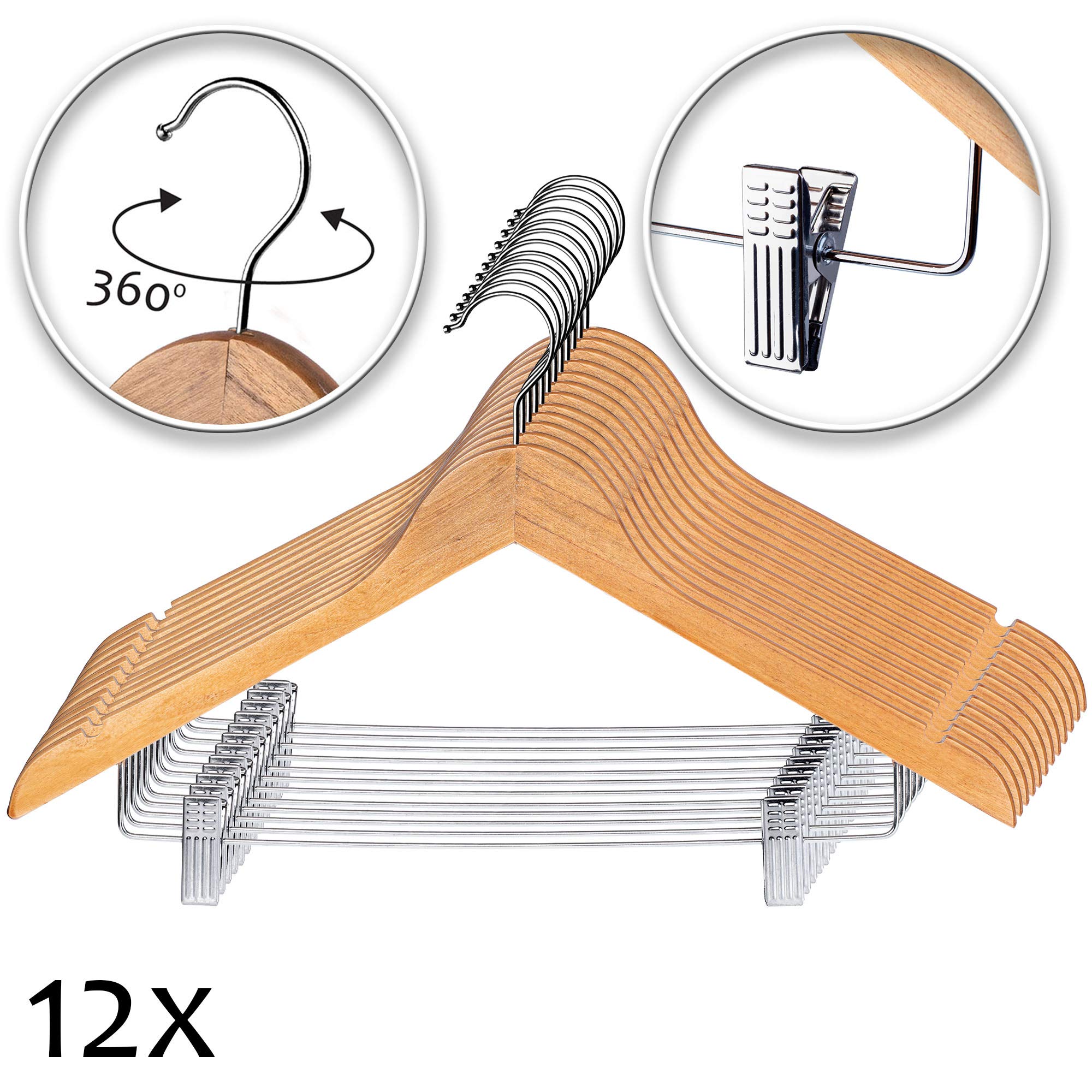 KADAX 12er Set Kleiderbügel aus Holz, mit Klemmen aus Metall, Zwei Einkerbungen, 360°drehbarer Haken, Garderobenbügel für Kleidung, Hosen, Hemd, Rock, Anzug, Jackenbügel, rutschfest (Modell 2)
