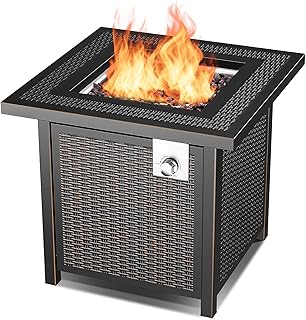 Vaneventi Propane Fire Pit Table with 50,000 BTU, 28'' Auto-Ignition Gas Fire Pit, Outdoor Rattan & Wicker-Look Square Fir...