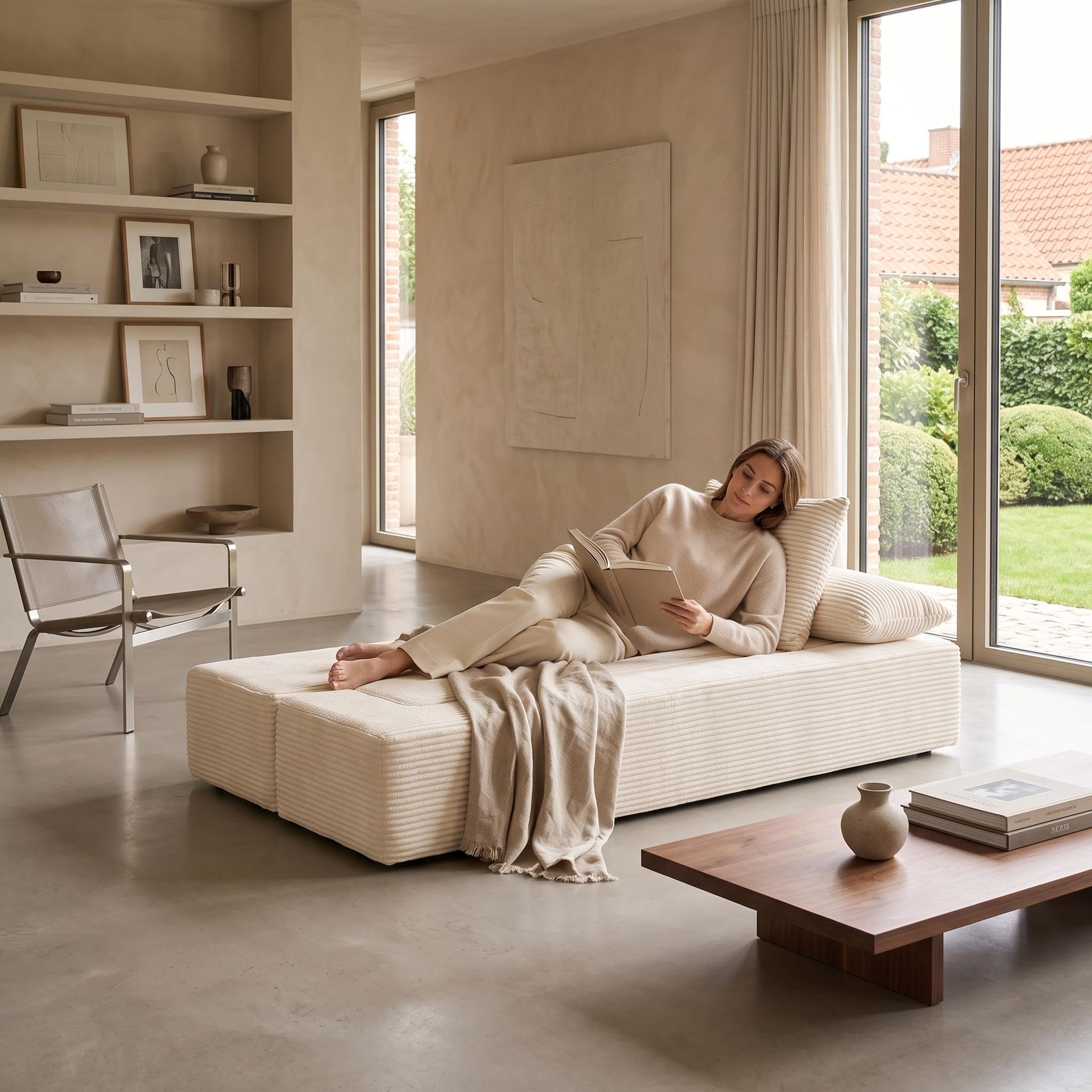 FurnitureR Sofá cama de pana beige 2 plazas Sofá de suelo modular | Sofá de pana beige con función de descanso, estructura modular, acolchado suave y montaje inmediato sin montaje.