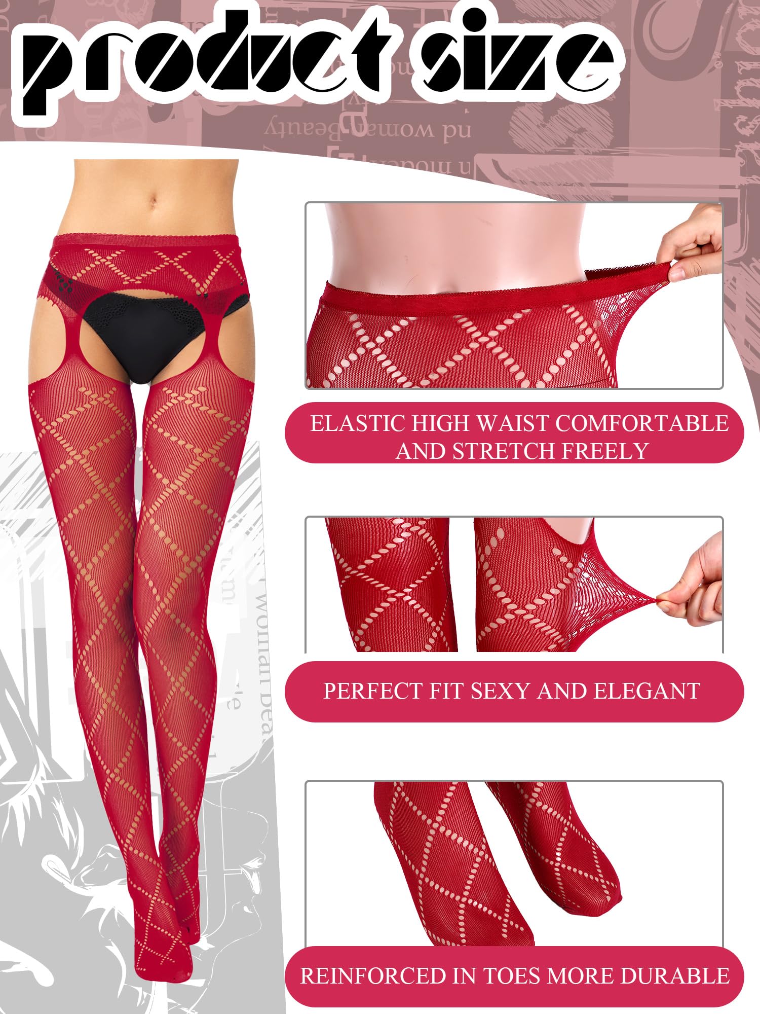 Skylety 6 Pairs Fishnet Stockings for Women Plus Size Thigh-high Tights Stockings Suspender Pantyhose Garter Belts: Medium-Large Multi Colors