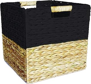 Box and Beyond Panier de Rangement en Jacinthe d'eau et Papier - Cube - Pliable - Poignées intégrées - Naturel/Noir - 31x31x31cm