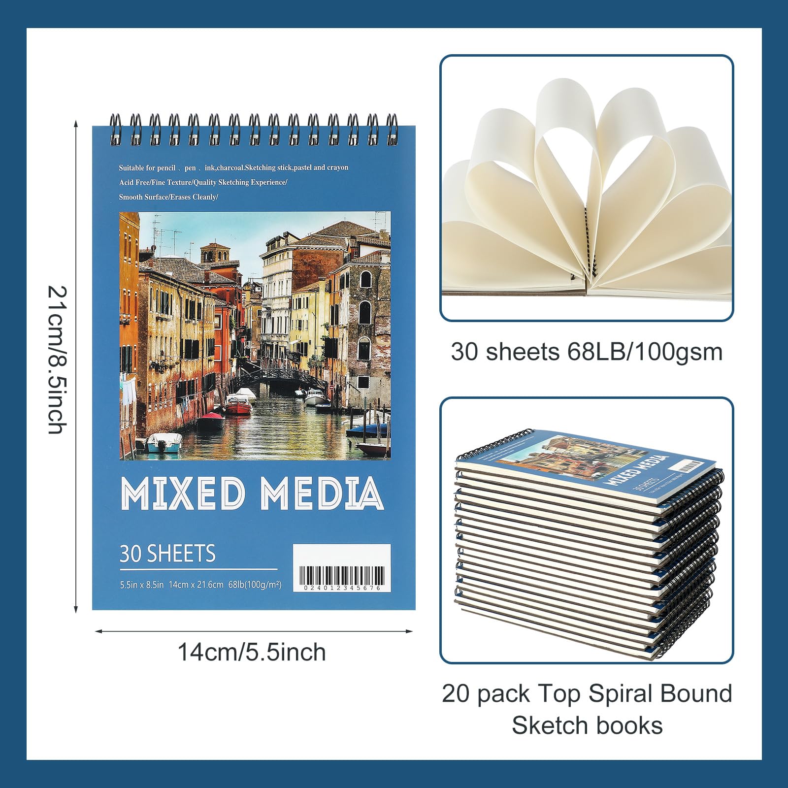 Jexine 20 blocchi da disegno con rilegatura a spirale superiore, 14 x 21 cm, 30 fogli ciascuno (30,8 kg/100 g/m²), blocco da disegno per artisti, album da disegno per pittura (supporti misti)