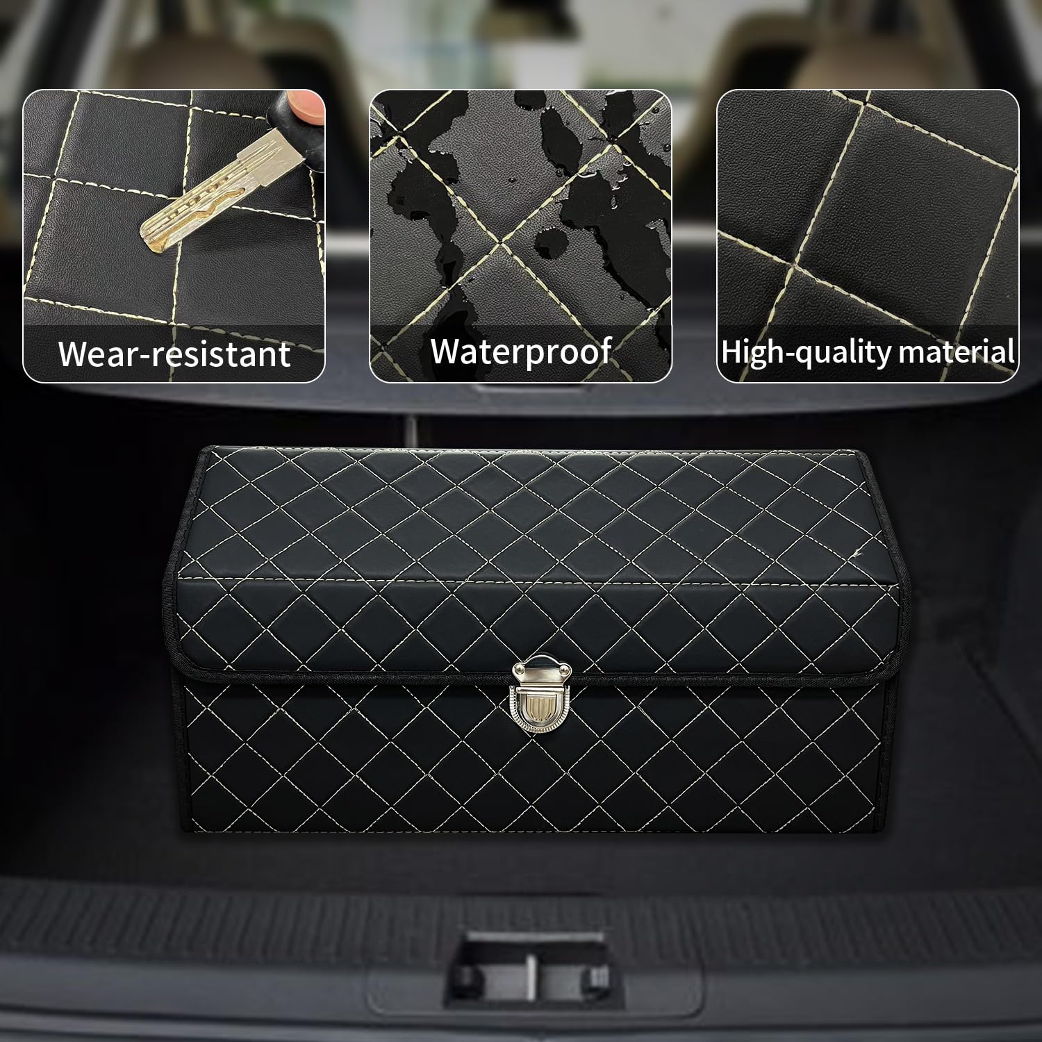 Organizador de maletero para coche con tapa, organizador plegable para SUV y sedanes, caja de almacenamiento de cuero multifuncional, cuadrícula negra, pequeño
