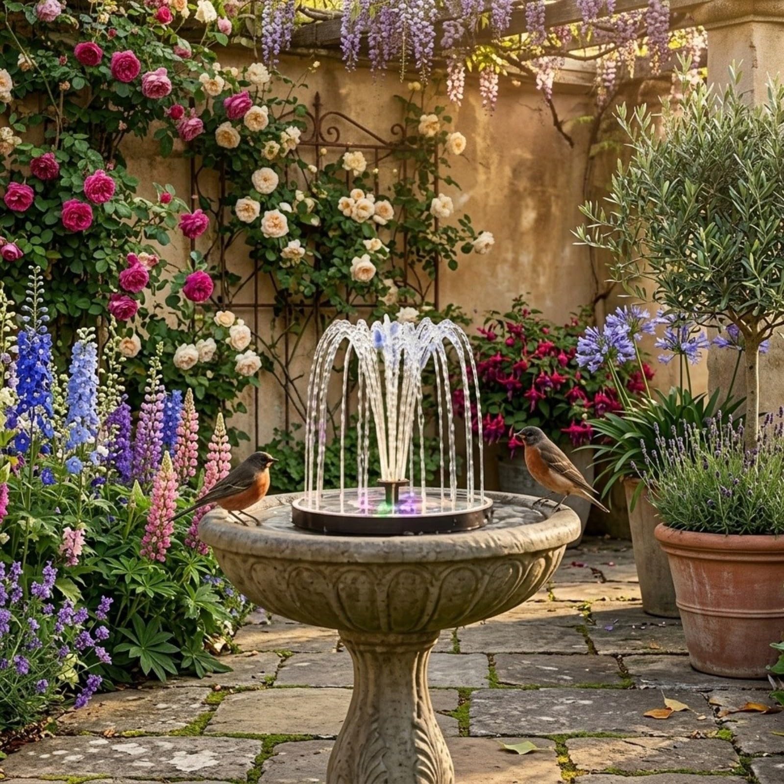 Fontana galleggiante solare per esterni con 8 luci LED RGB, 3 ugelli e flusso d'acqua personalizzabile per giardino o patio (ugello trasparente)