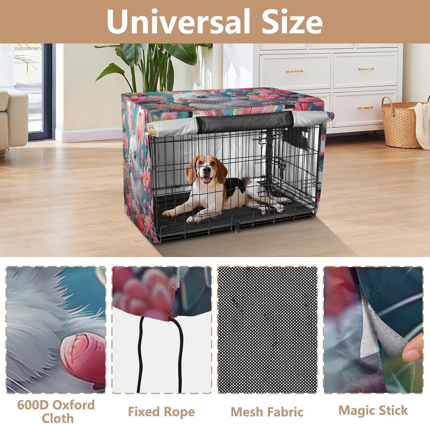 White Rabbit Pink Flowers Dog Crate Covers Breathable, S-XL Windproof Cage Cover for Puppies Training, Large
