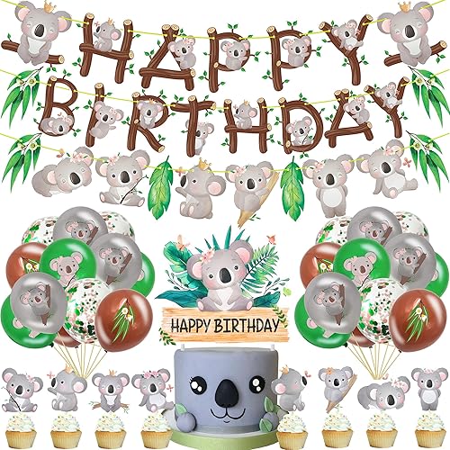 Decoraciones de fiesta de cumpleaños Koala con lindo cartel de feliz cumpleaños Koala, globos de látex, decoración de cupcakes para fiesta de