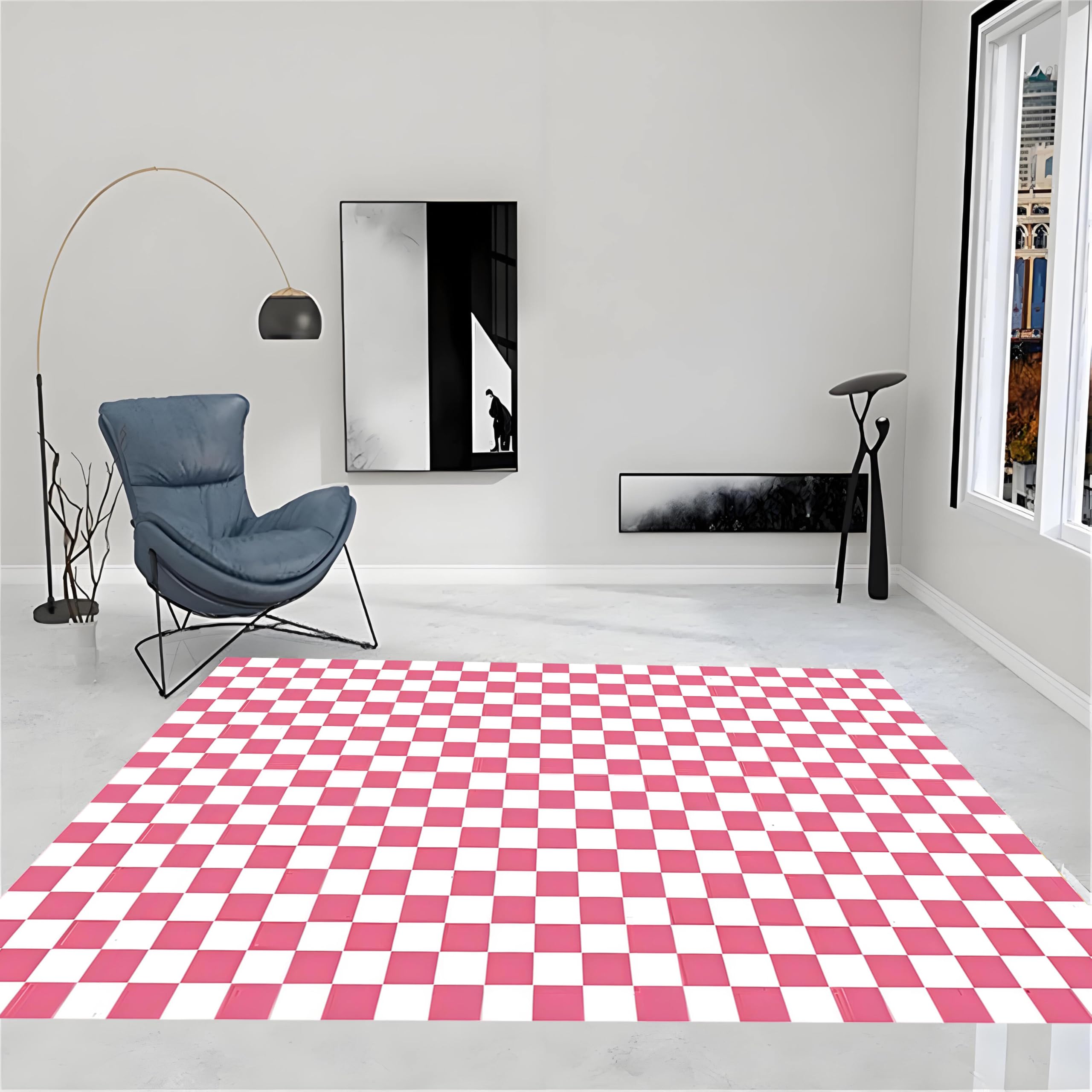 YHUERC Full Size Pink Checkered Area Rug, 180x230cm Checkers Checkerboard Pattern Carpet, Modern Geometric Living Room Decor Non-Slip Washable Play Mat, for Living Room Kids Bedroom Playroom Rug.