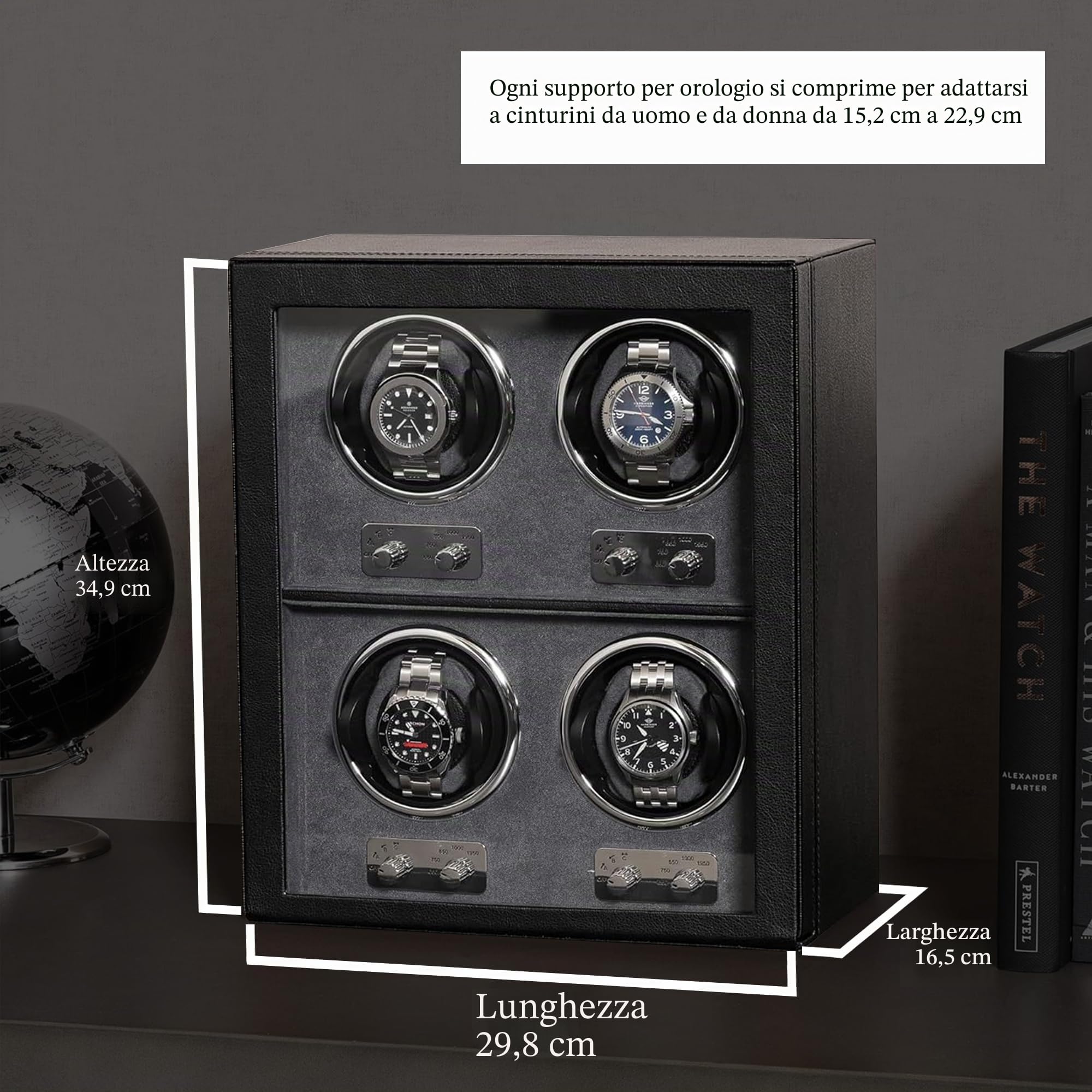 ROTHWELL 4 Watch Winder per orologi automatici con motore silenzioso con velocità multiple e impostazioni di rotazione (Nero/Grigio)
