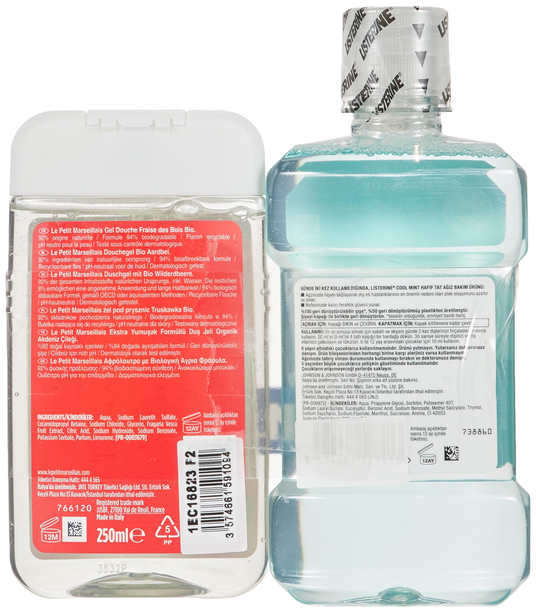 Le Petit Marseillais Duş Jeli Akdeniz Çileği 250 ml + Listerine Cool Mint Ağız Bakım Suyu Hafif Tat 250 ml