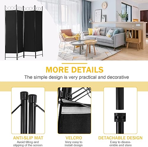 Miniatura 5 de Divisor de habitación plegable de 4 paneles de 68 pulgadas de alto, marco de acero plegable, divisor de privacidad independiente, divisor de