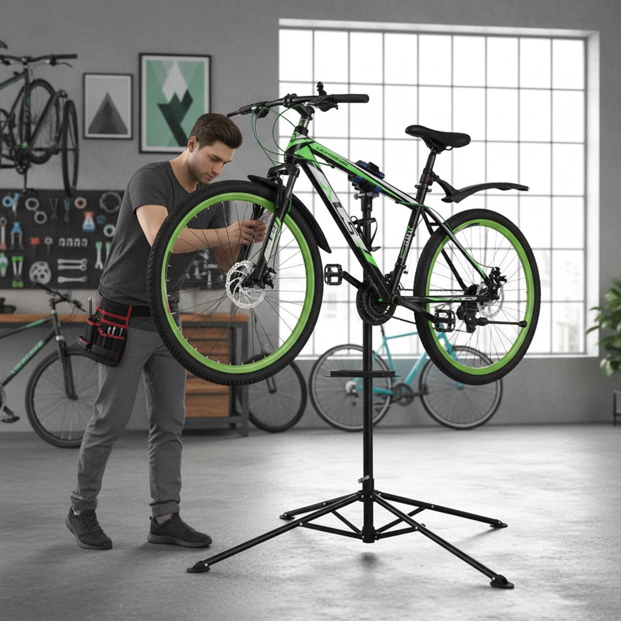 Mucola Fahrrad Montageständer 360° drehbar höhenverstellbar bis 200 cm – Reparaturständer aus Stahl mit Schnellspannklemme & Werkzeugablage – Zentrierständer für MTB E-Bike Rennrad Werkstatt